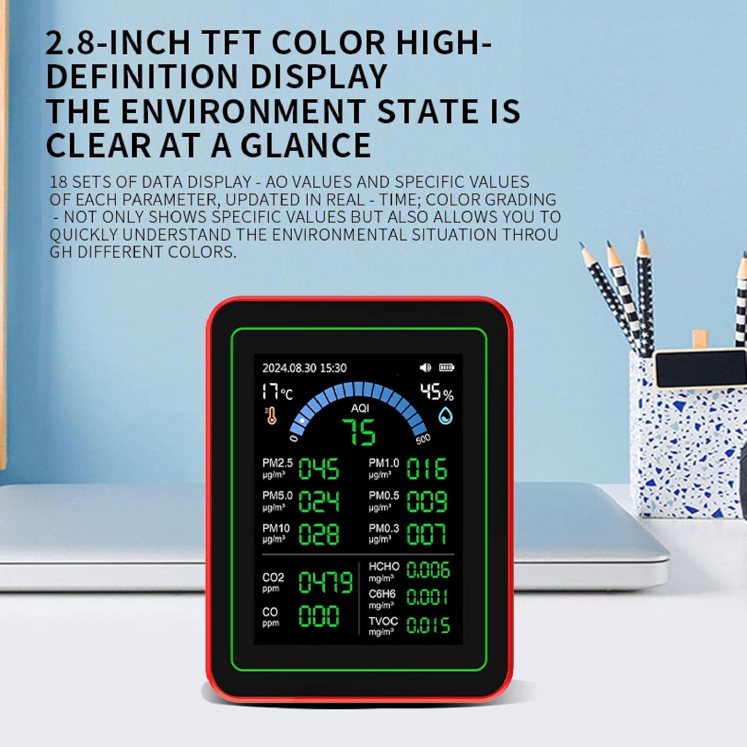 Marhynchus 18 in 1 Indoor Air Quality Monitor Air Quality Tester Air Quality Detector with CO2 TVOC HCHO PM2.5 PM10 Temp Humidity Sensor & Data Storage for Home Office
