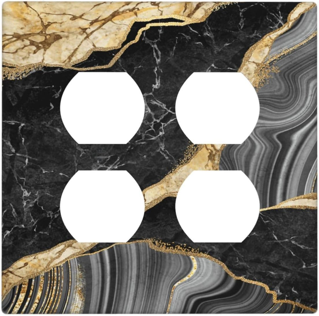 Decorative Outlet Covers Modern Abstract Black Gold Marble 2 Gang Wall Plate Double Duplex Light Switch Cover Switch Plate Covers for Bathroom Kitchen Home Decor