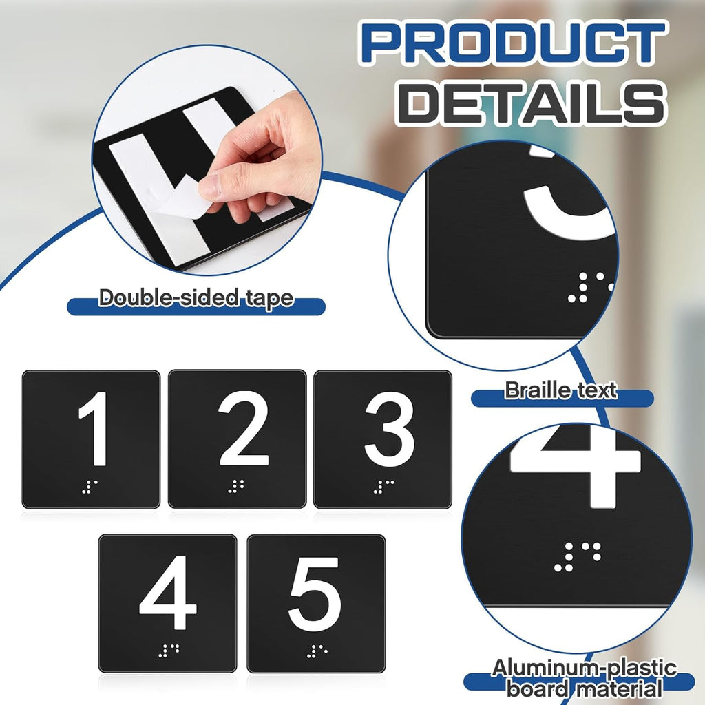 Exam Room Sign Numbers 1-5 with Braille and Tactile 4" x 4" Identification Signs Numbers for Exam Rooms Offices Educational Institution Directional Assistance Test Center (Black/white)