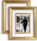 Yaetm 8x10 Gold Picture Frame with Decorative Inner Frame & Tempered Glass, Display 5x7 Photos with Mat - Portrait or Landscape - Tabletop & Wall Mount for Office & Home Décor (Gold, 2 Pack)