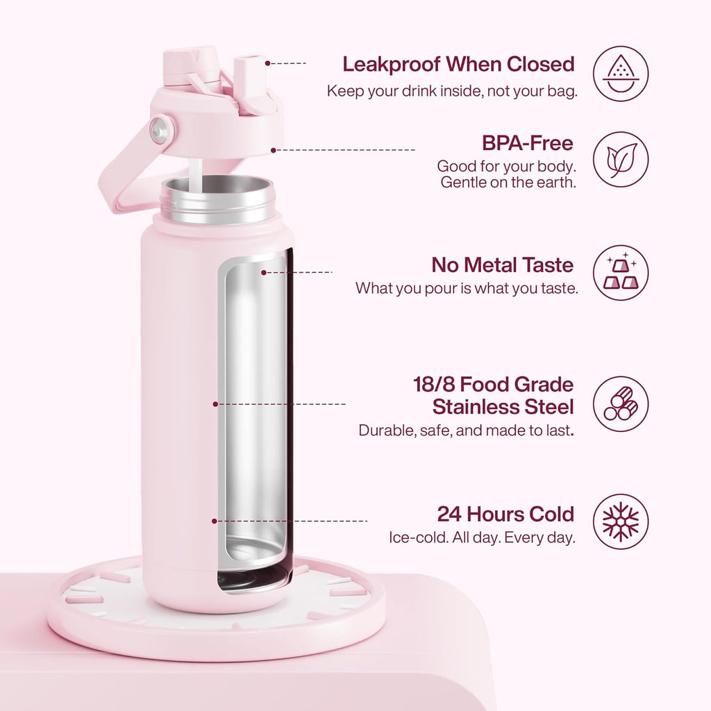 ENCOOL Insulated Water Bottle with Straw Stainless Steel Water Bottle, Leak-Proof, BPA-Free, Double Wall Vacuum Keeps Cold for 24 Hours for Sports, Travel, School (32 oz, Cotton Candy)