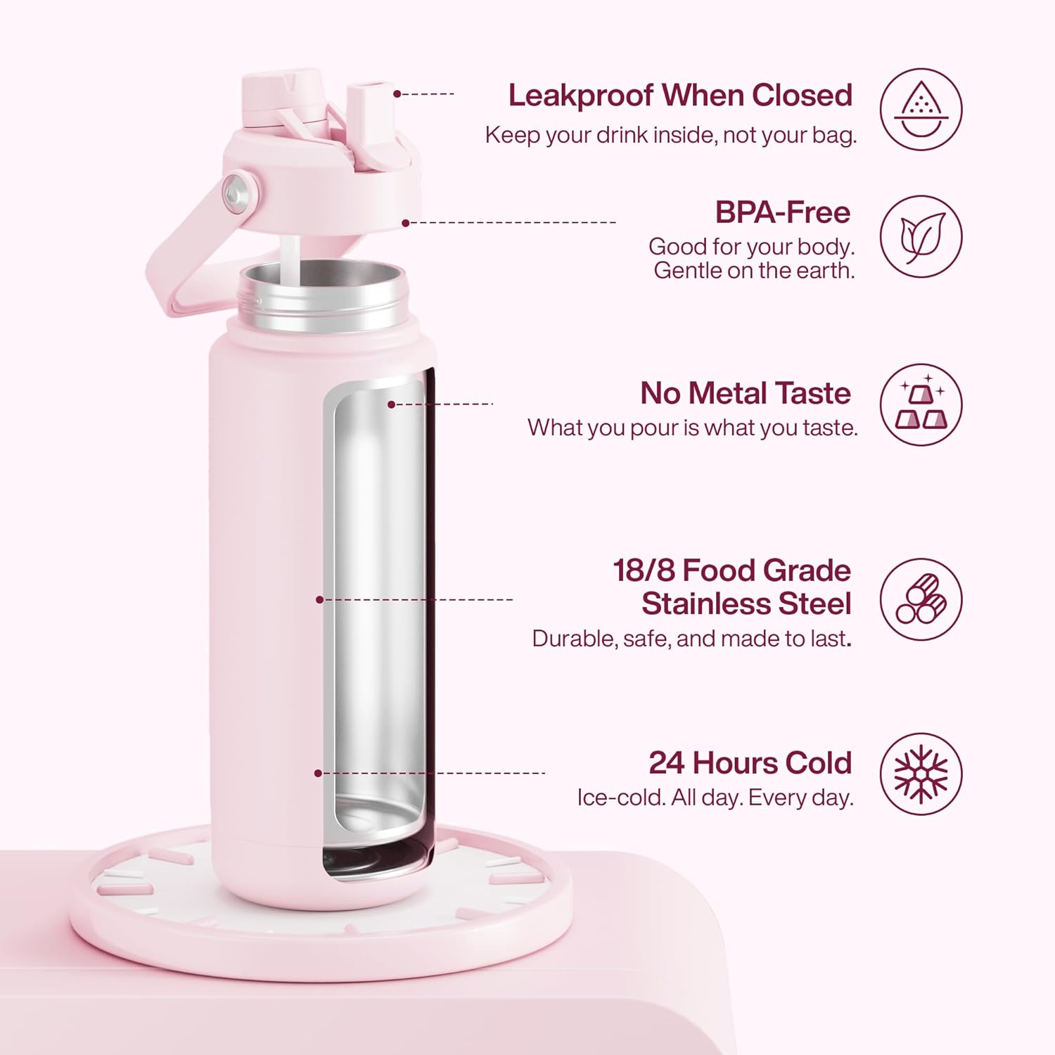 ENCOOL Insulated Water Bottle with Straw Stainless Steel Water Bottle, Leak-Proof, BPA-Free, Double Wall Vacuum Keeps Cold for 24 Hours for Sports, Travel, School (32 oz, Cotton Candy)