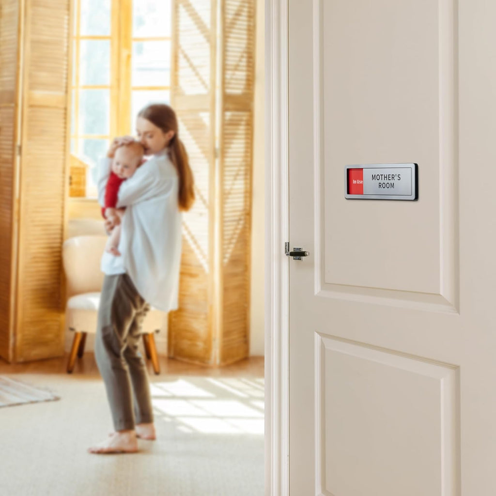 2 Pack Mom Door Sign - Do Not Disturb, Breastfeeding, Slide Door Sign (Brushed Silver, 8" x 2.6")