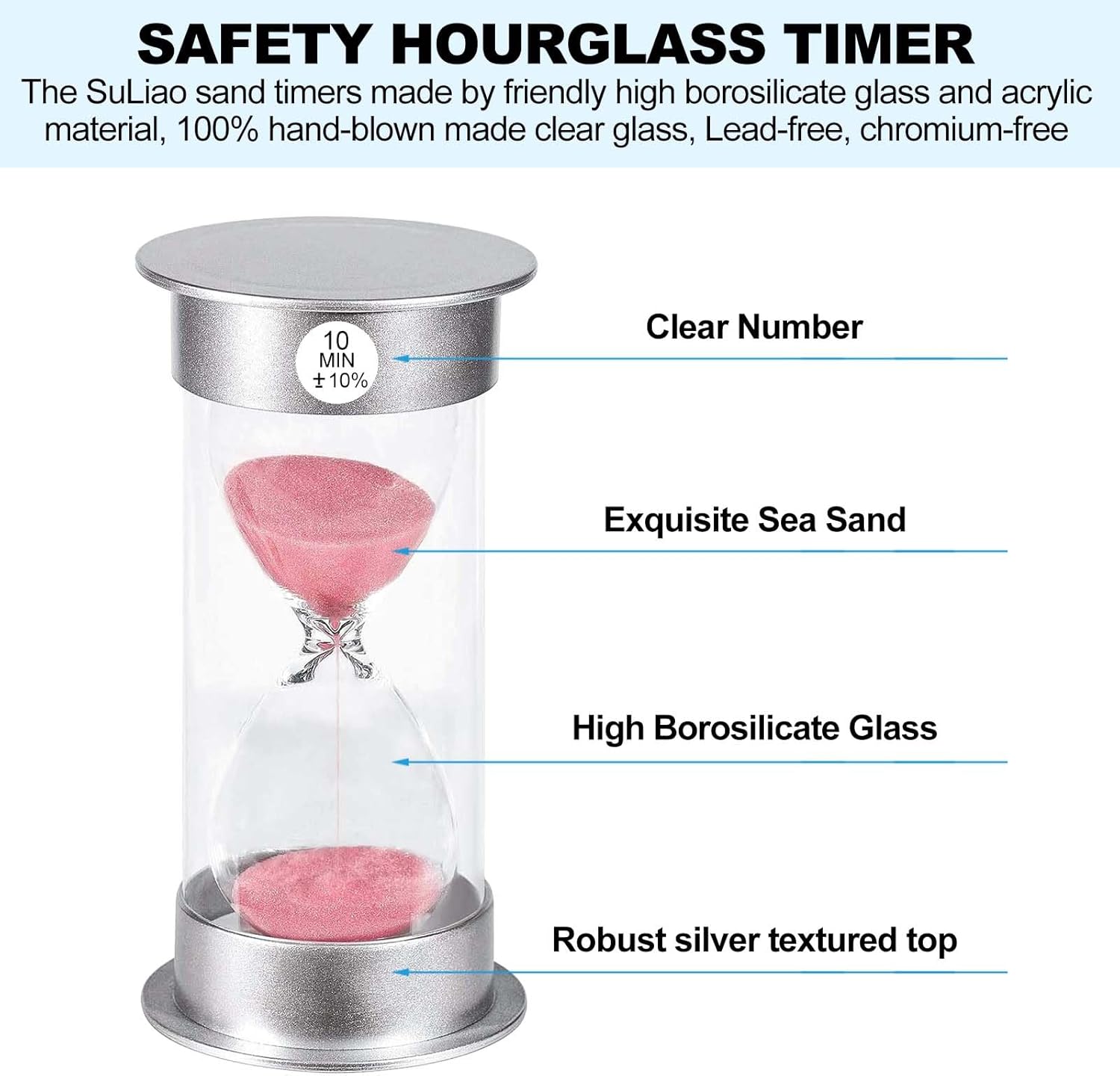 SuLiao 10 Minute Hourglass Timer Sand Clock, Unbreakable Pink Sand Watch 10 Min, Colorful Plastic Hour Glass Sandglass for Kids, Games, Decor, Classroom, Kitchen, Toothbrush Timer