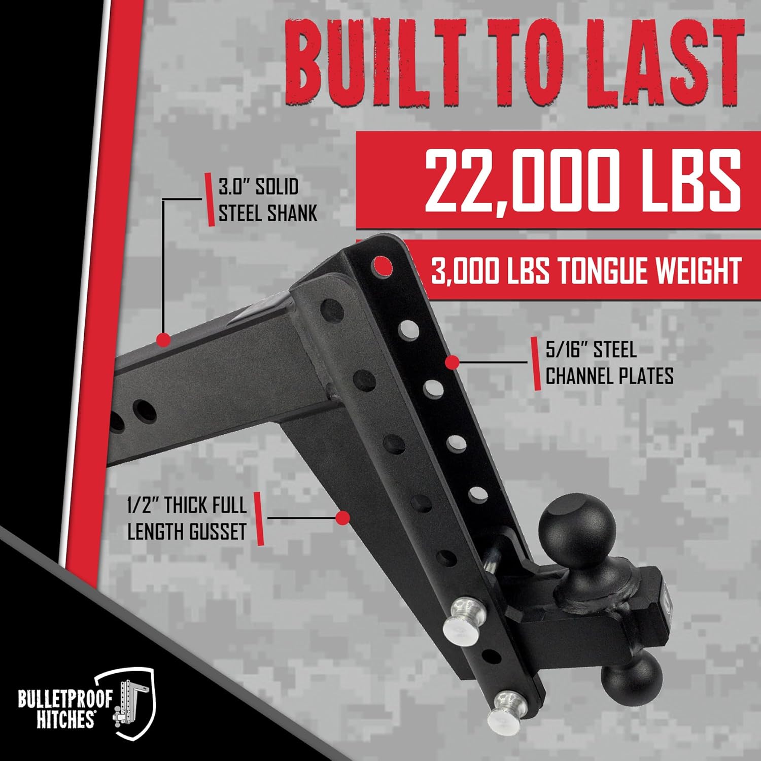 BulletProof Hitches - 3.0" Adjustable Heavy Duty Trailer Hitch (22,000 lb. Rating) - 10" Drop/Rise Trailer Hitch with 2" & 2-5/16" Dual Ball - Powder Coat, Solid Steel, Corrosion-Resistant
