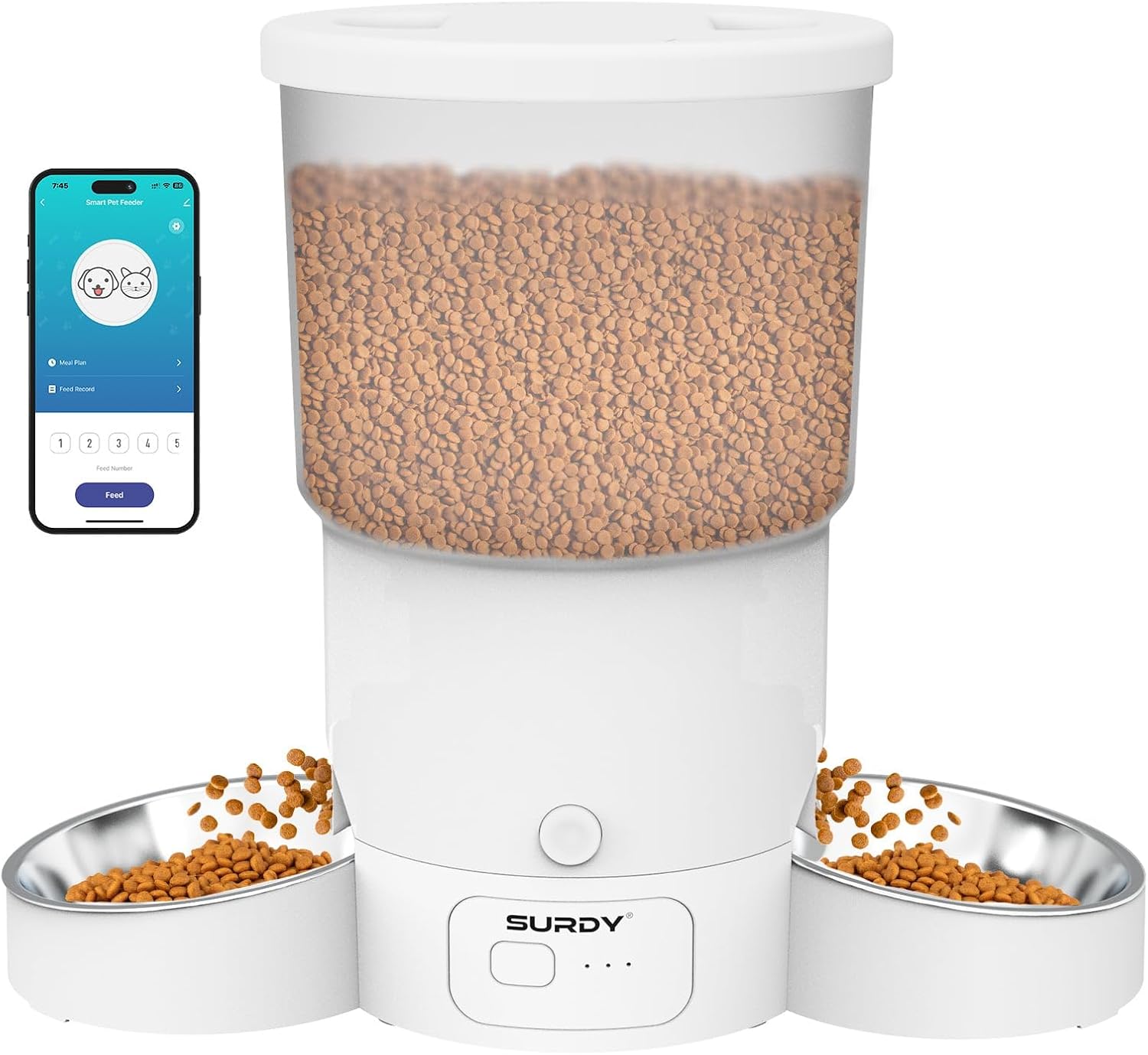 SURDY Automatic Cat Feeder with 5G WiFi, 20 Cups/5L Automatic Cat Food Dispenser for 2 Cats Smart Pet Feeder with APP Control for Remote Feeding (White, 5L)