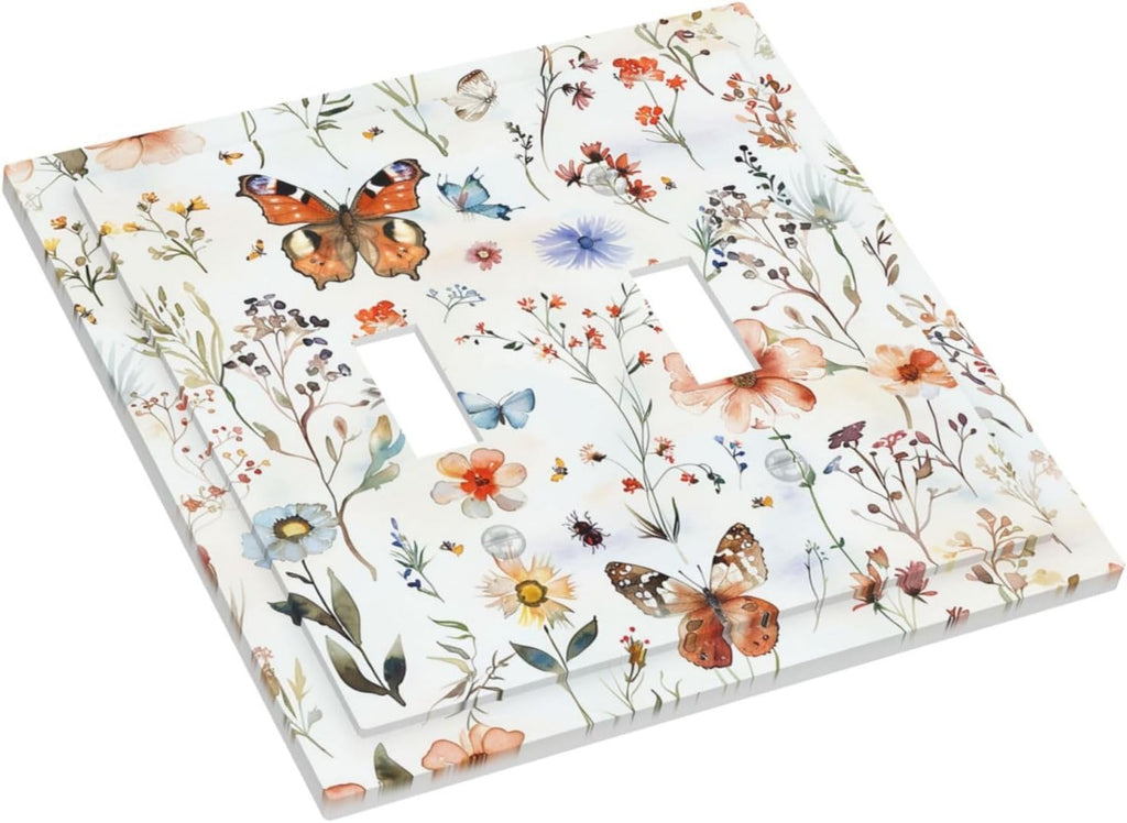 Decorative Switch Plates Butterfly Floral Boho Multicolor Flower Leave 2 Gang Double Toggle Outlet Light Switch Cover Wall Plate Electrical Faceplate for Bed Room living Room Decor
