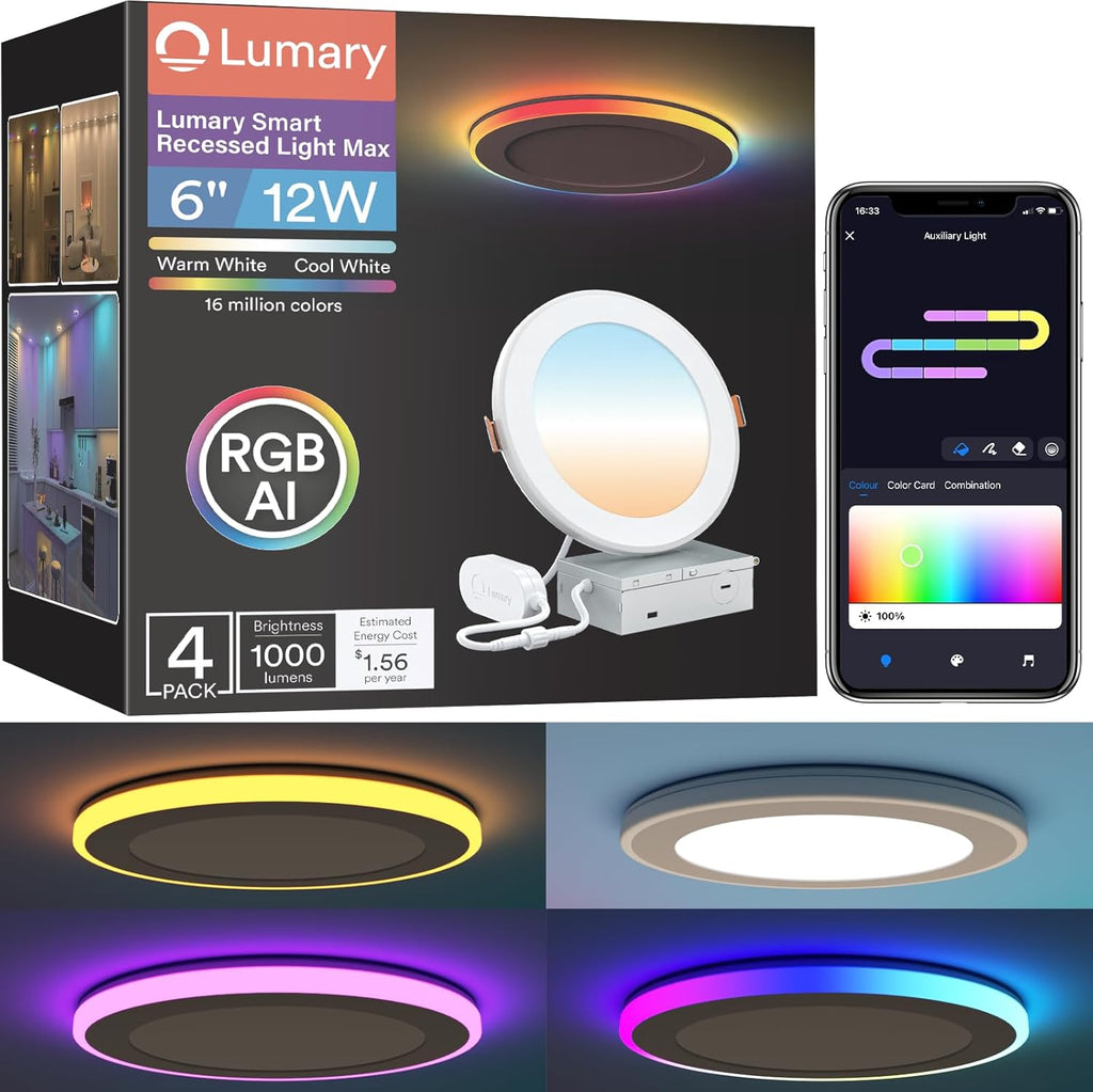 Lumary RGBAI Smart Recessed Lighting 6 Inch with Gradient Accent and Night Ring, 12W 1000LM Wi-Fi LED Recessed Lights, LED Downlight Compatible with Alexa/Google Assistant/Siri, 4PCS