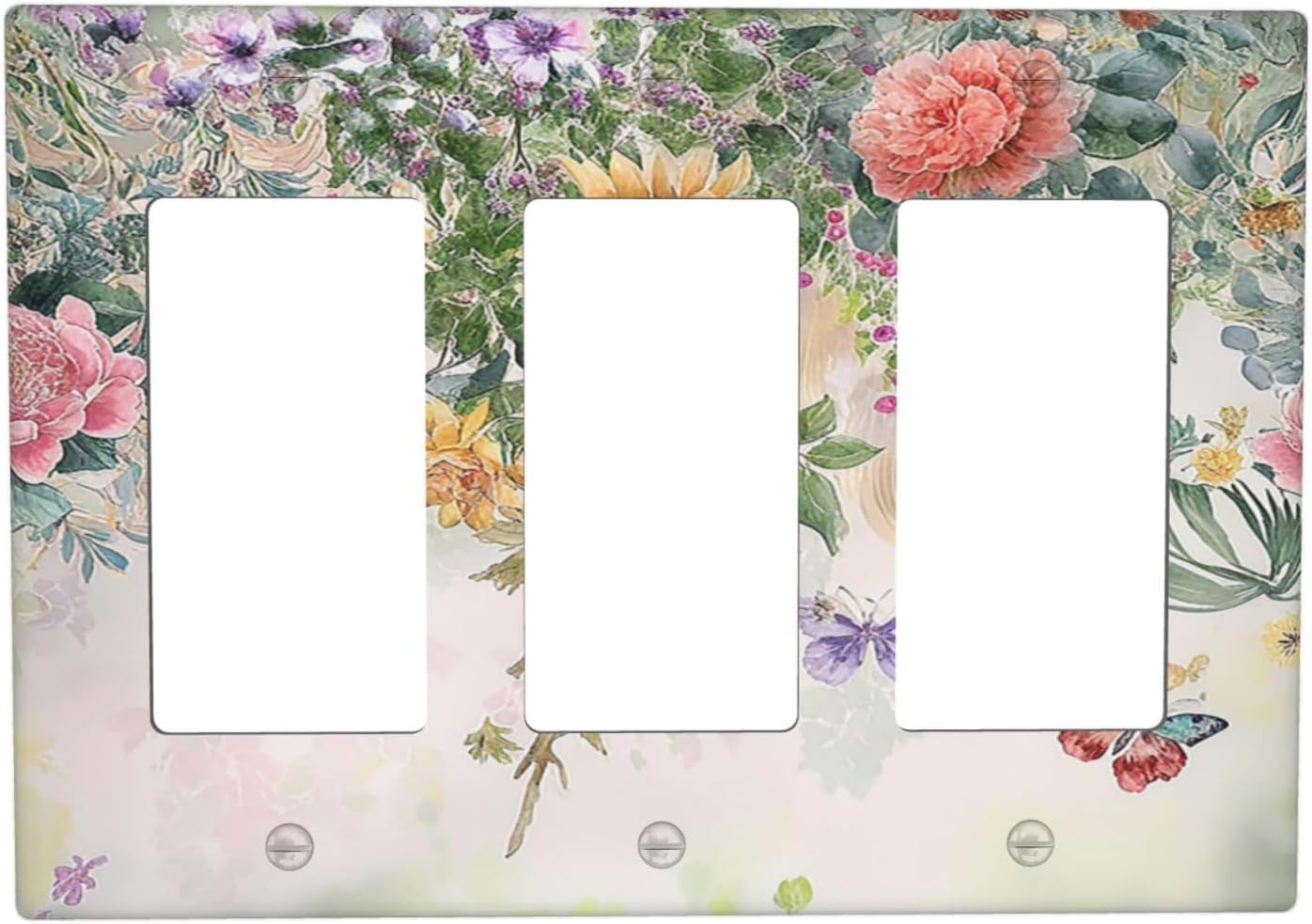 Rustic Floral Watercolor Flower Blossom Butterfly Triple Rocker Light Switch Covers 3 Gang Outlet Cover Wall Plates Decorative Switch Plates Electrical GFCI Faceplate Switchplate 4.49 X 6.38 IN