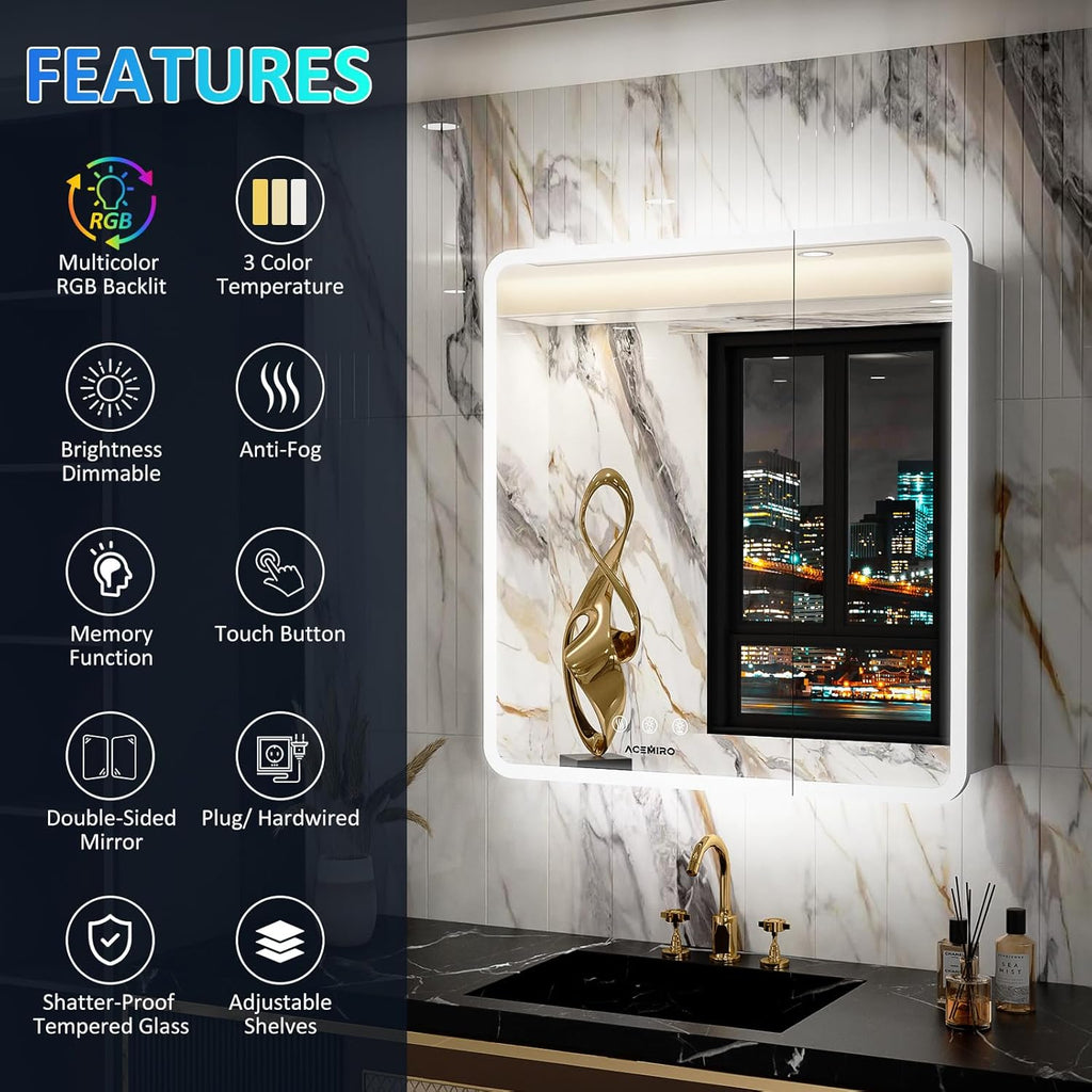LED Medicine Cabinet with Lights, 30×32 Inch Lighted Medicine Cabinet with Mirror and Adjustable Lights, RGB Multicolor Backlit+3-Color Front Lighted, Defogger, Memory Function, Wall Mounted