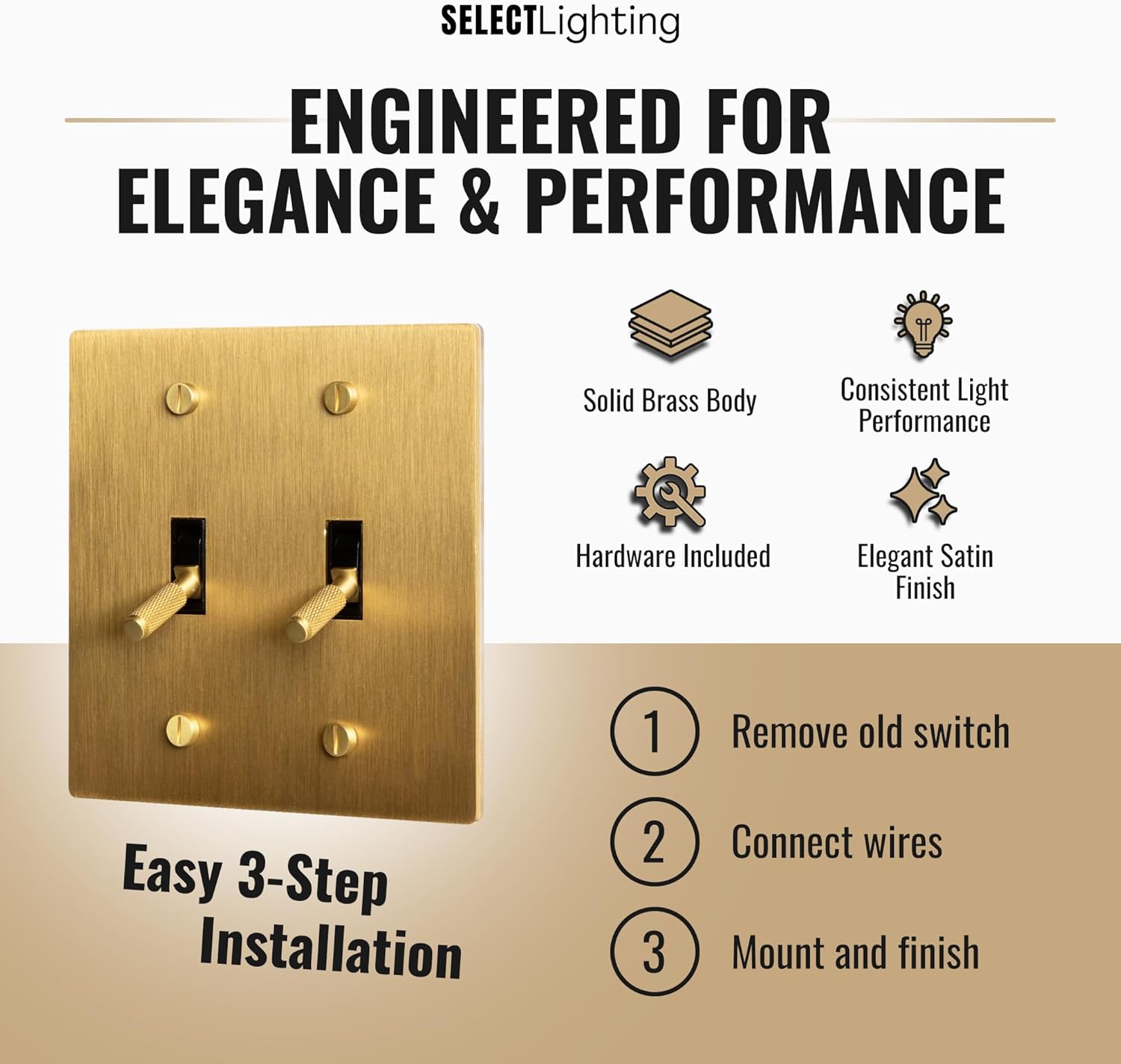 2-Gang Satin Solid Brass Plated Toggle Switch, 15A 120V AC Wall Mount, 3-Way Compatible Vintage Style Single Pole with Faceplate & Switch Module