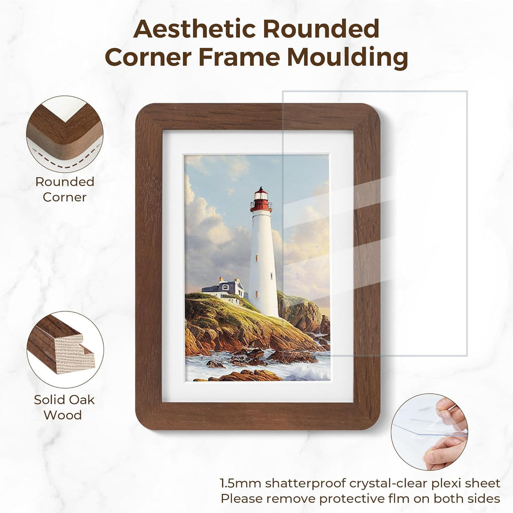 5x7 Picture Frames Set of 3, 5 by 7 Photo Frames for Wall & Tabletop Display, Solid Oak Wood Frames with Plexiglass, 5x7 Frame Matted to 4x6, Light Wood 5 x 7 Gallery Wall Frame Set, Walnut Color