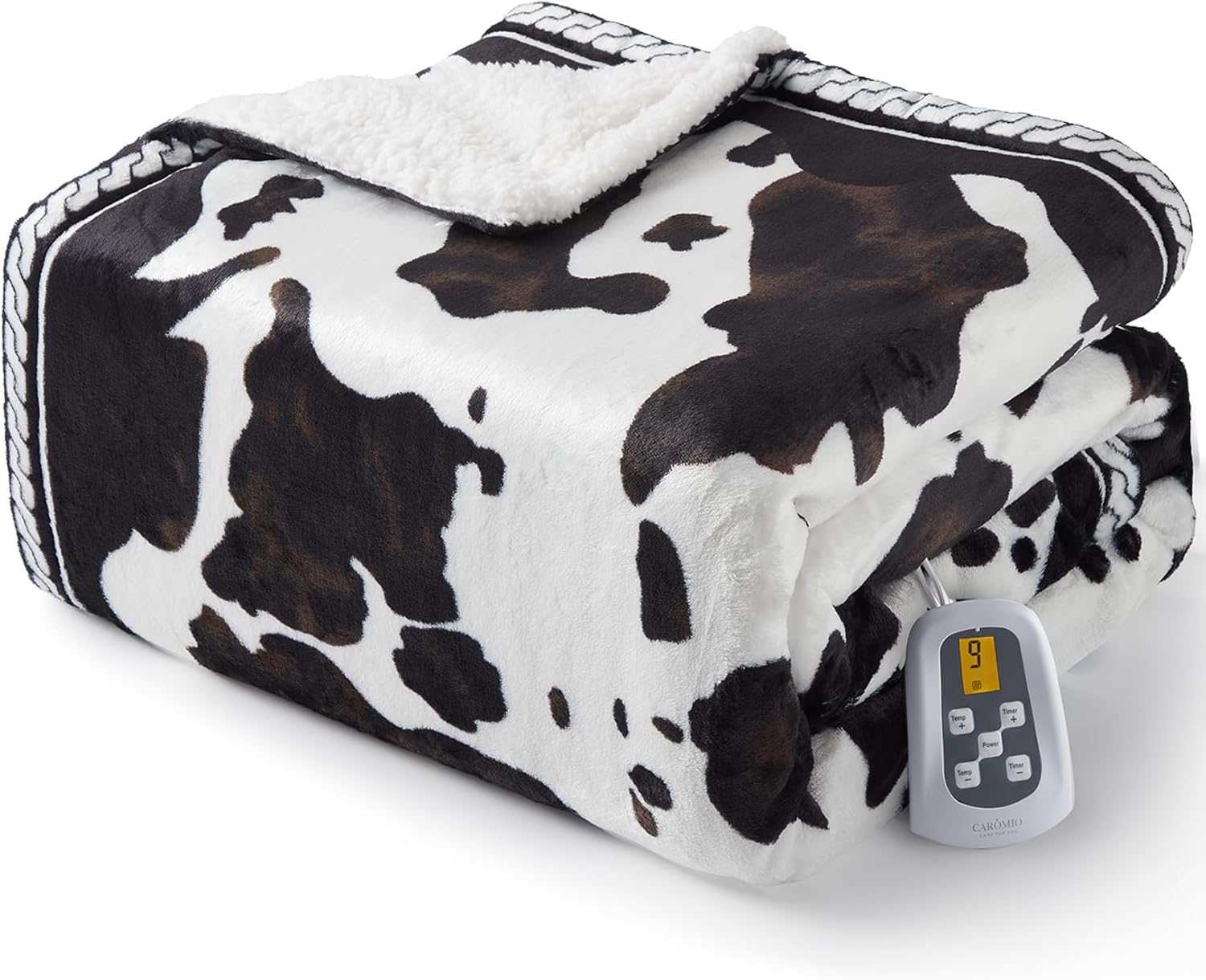CAROMIO Heated Electric Blanket Twin Size, Cow Print Fast Heating Throw Blankets with LCD Controller, 10 Heat Levels & 1-12H Time Settings Auto Off, ETL Certified, Brown Black, 62" x 84"