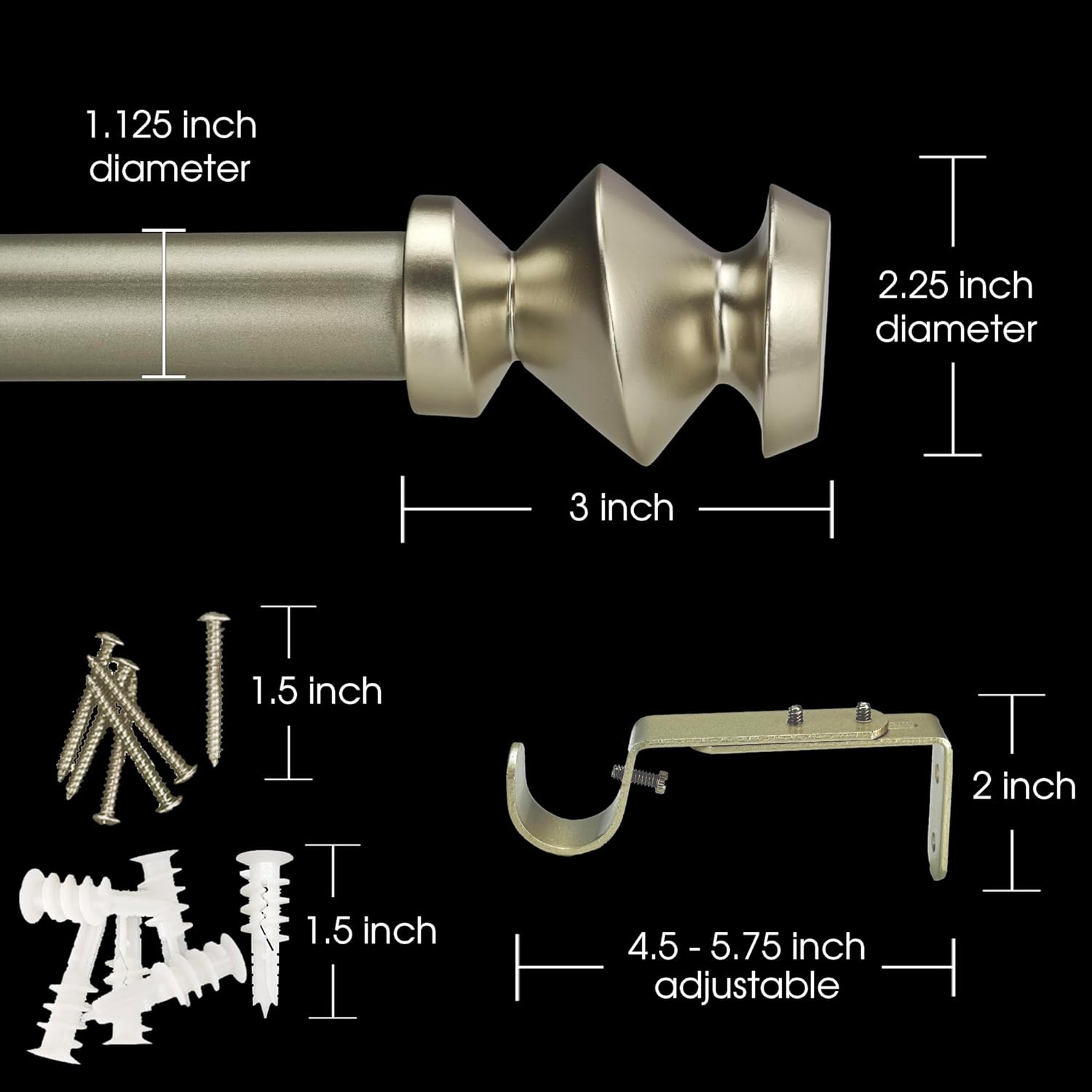 1-1/8 Inch Diameter Champagne Gold Curtain Rods with Modern Geometric Finials, 72-144'' Telescoping Single Curtain Rods for window width 68-140 inch, 1 pack