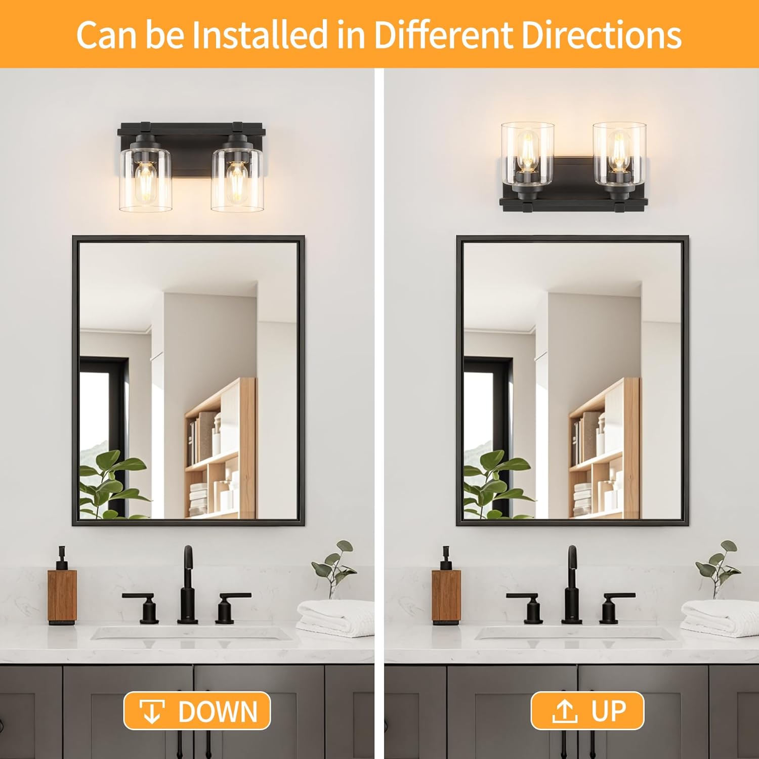 2 Light Modern Bathroom Light Fixtures Over Mirror, Black Vanity Lights for Bathroom Wall Sconces with Clear Glass Shades, E26 Socket (Bulbs Not Included)