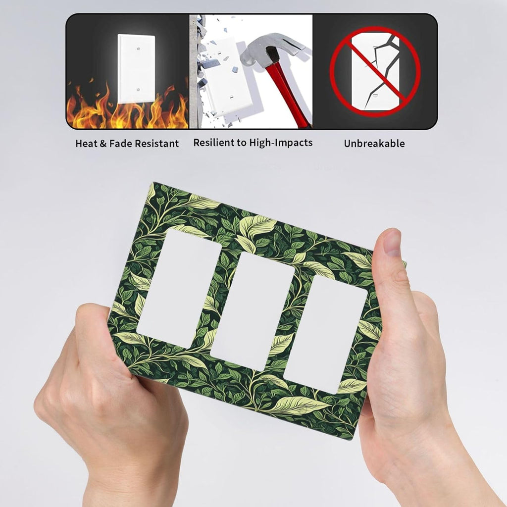 Vintage Green Plant Leaves Triple Rocker Light Switch Covers 3 Gang Outlet Cover Wall Plates Decorative Switch Plates Electrical GFCI Faceplate Switchplate for Home Decor 4.49 X 6.38 IN