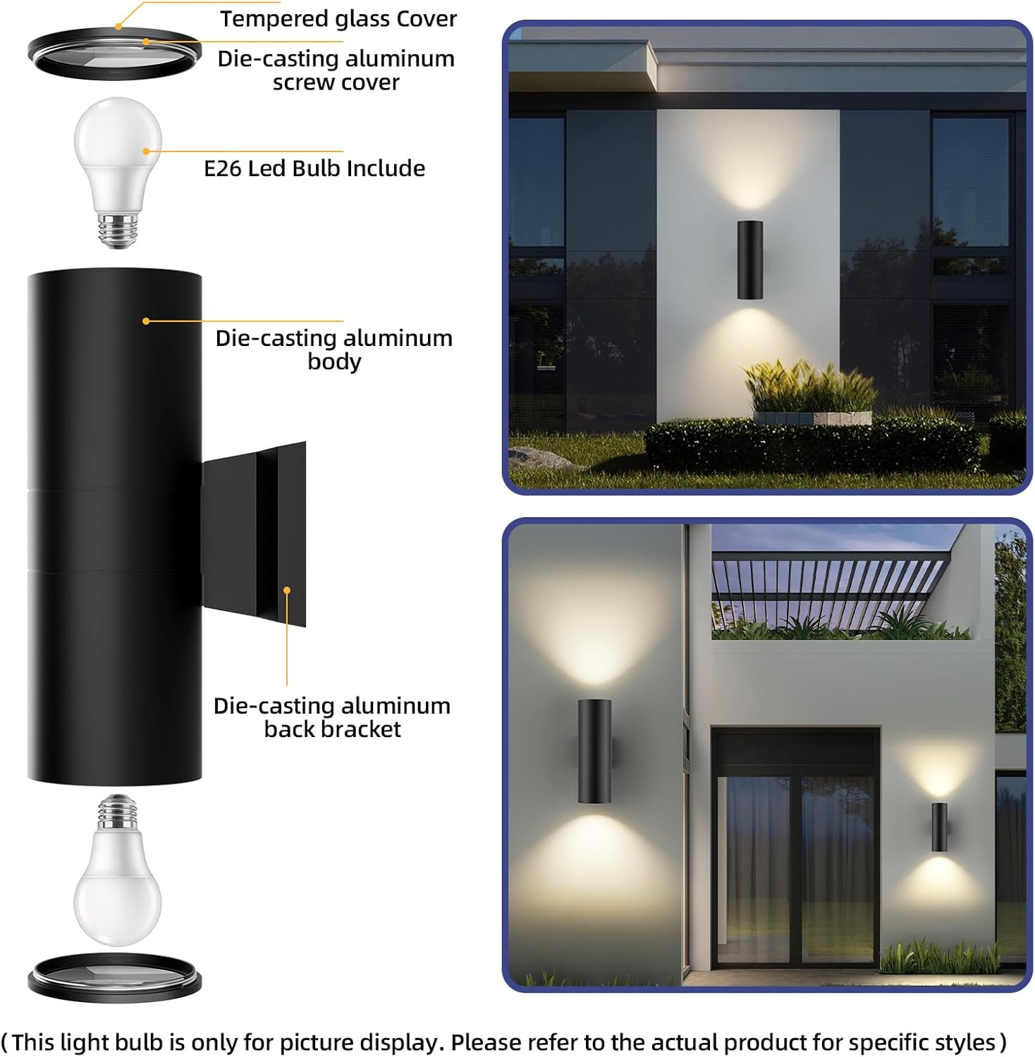 JAYMP 11.8" Up and Down Wall Sconce Aluminum Modern Outdoor Light, Black Round IP65 Waterproof Exterior Wall Lamp for Front Door Patio Porch Staircase Hallway