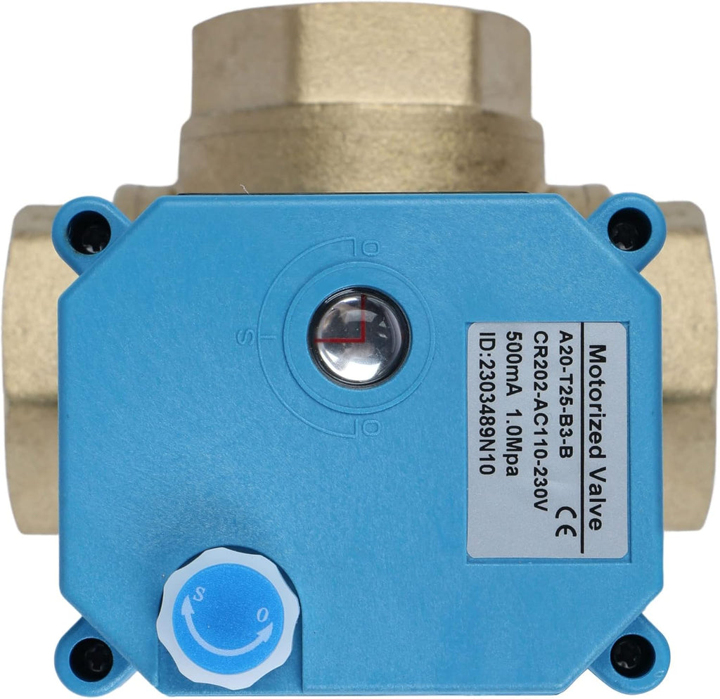 U.S. Solid 1" 3 Way Brass Motorized Ball Valve 110-230VAC, L Type Water Shutoff Valve with Manual Function, Standard Port, NOT for Drinking Water