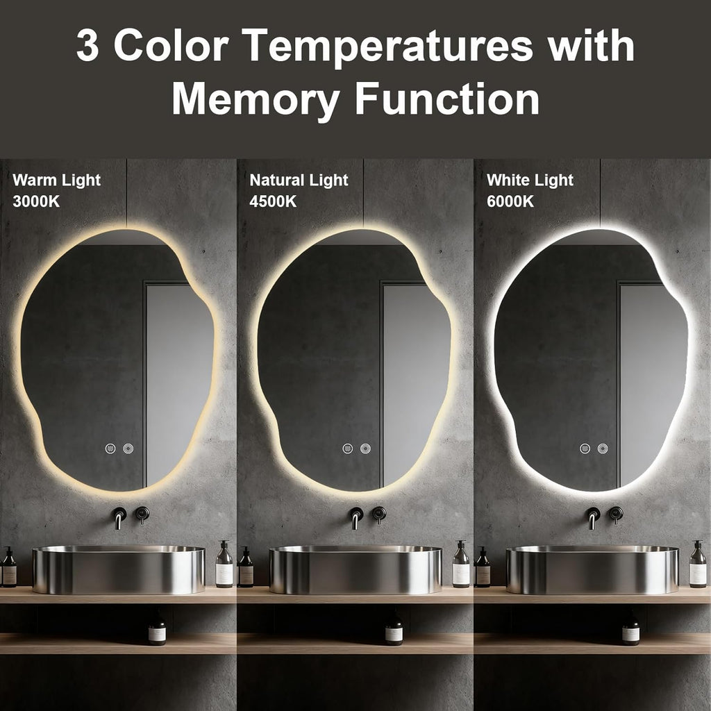 Asymmetrical Bathroom Mirror with Lights,Irregular LED Bathroom Vanity Mirror with Backlit,Anti-Fog,3 Colors and Dimmable Light with Memory,Hardwired Supported[Horizontal/Vertical] 30" H x 22" W