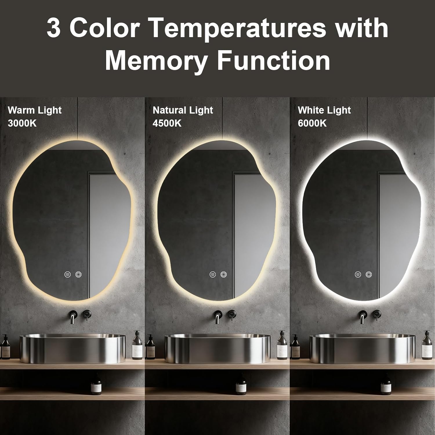 Asymmetrical Bathroom Mirror with Lights,Irregular LED Bathroom Vanity Mirror with Backlit,Anti-Fog,3 Colors and Dimmable Light with Memory,Hardwired Supported[Horizontal/Vertical] 30" H x 22" W