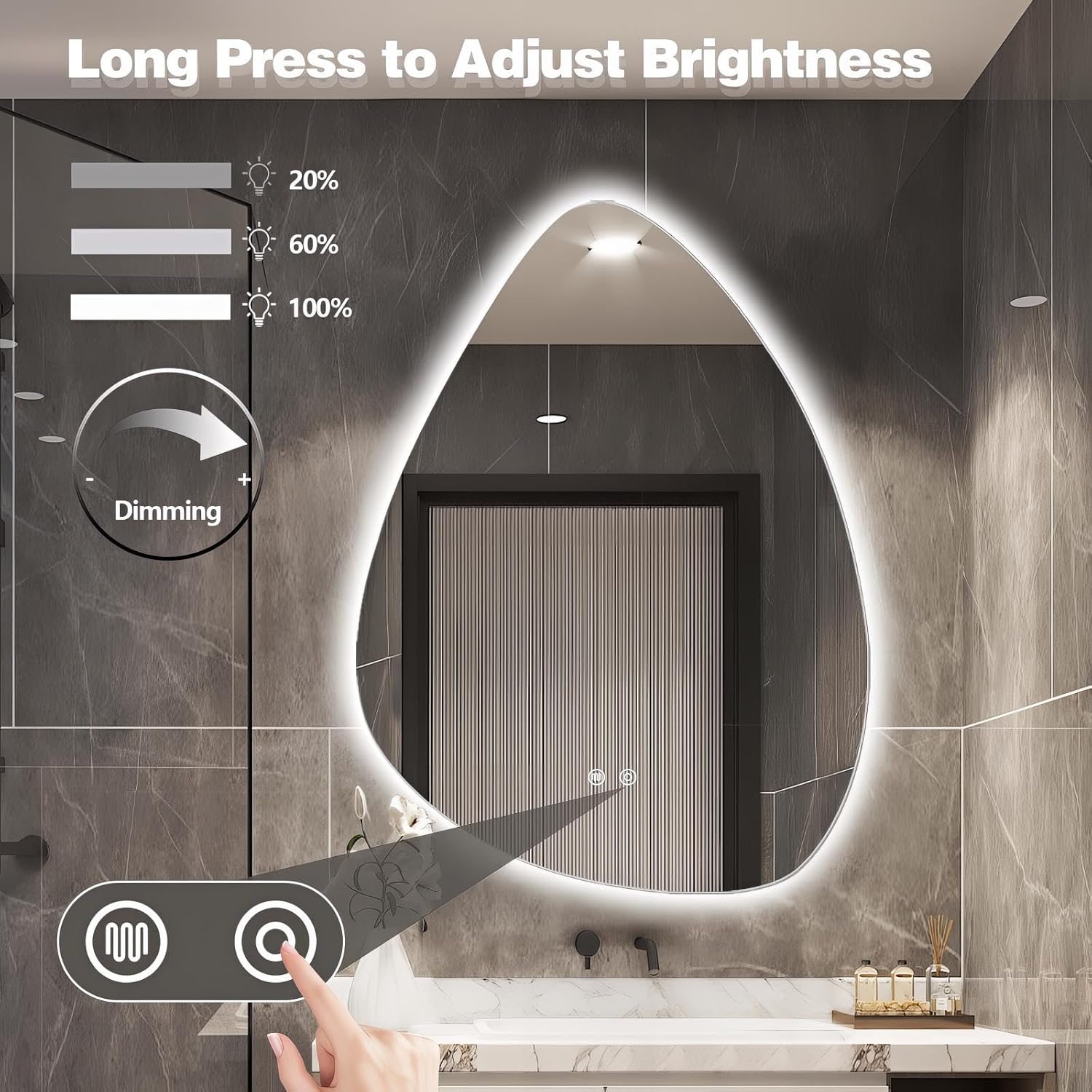 Niccy Irregular LED Bathroom Mirror, 28"x36" Asymmetrical Backlit Vanity Wall Mirrors, Frameless Lighted Mirrors for Bedroom, Living Room, Modern Smart-Mirror with Anti-Fog, Dimmable, Memory Function