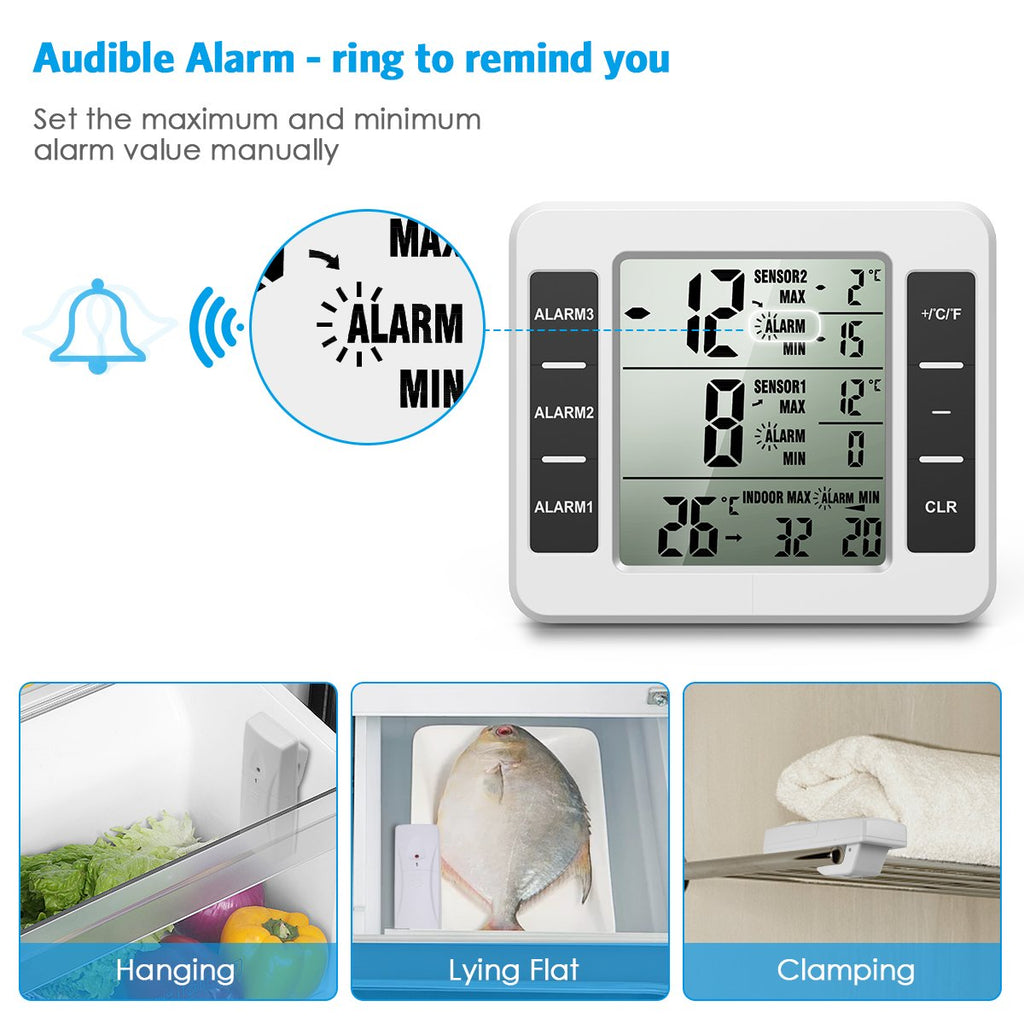 (UPGRADED) AMIR Refrigerator Thermometer, Wireless Indoor Outdoor Freezer Thermometer, Sensor Temperature Monitor with Audible Alarm Temperature Gauge for Kitchen, Freezer, Home (Battery not Included)