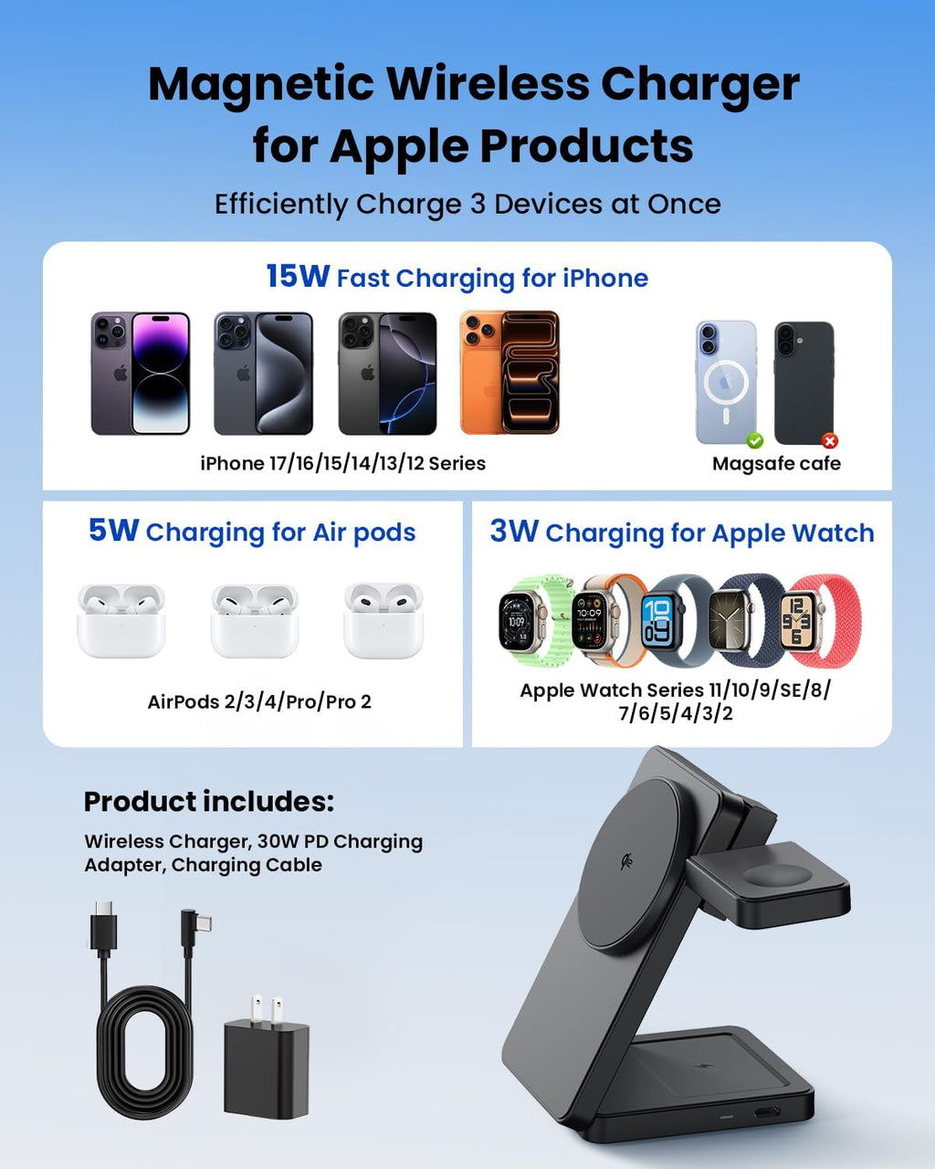 Magnetic Wireless Charger Stand for iPhone: CIYOYO Qi2 15W Max 3-in-1 Fast Charging Station, Foldable Wireless Charger for iPhone 17 16 15 14 13 12 Series, Apple Watch & AirPods, Portable Travel Dock