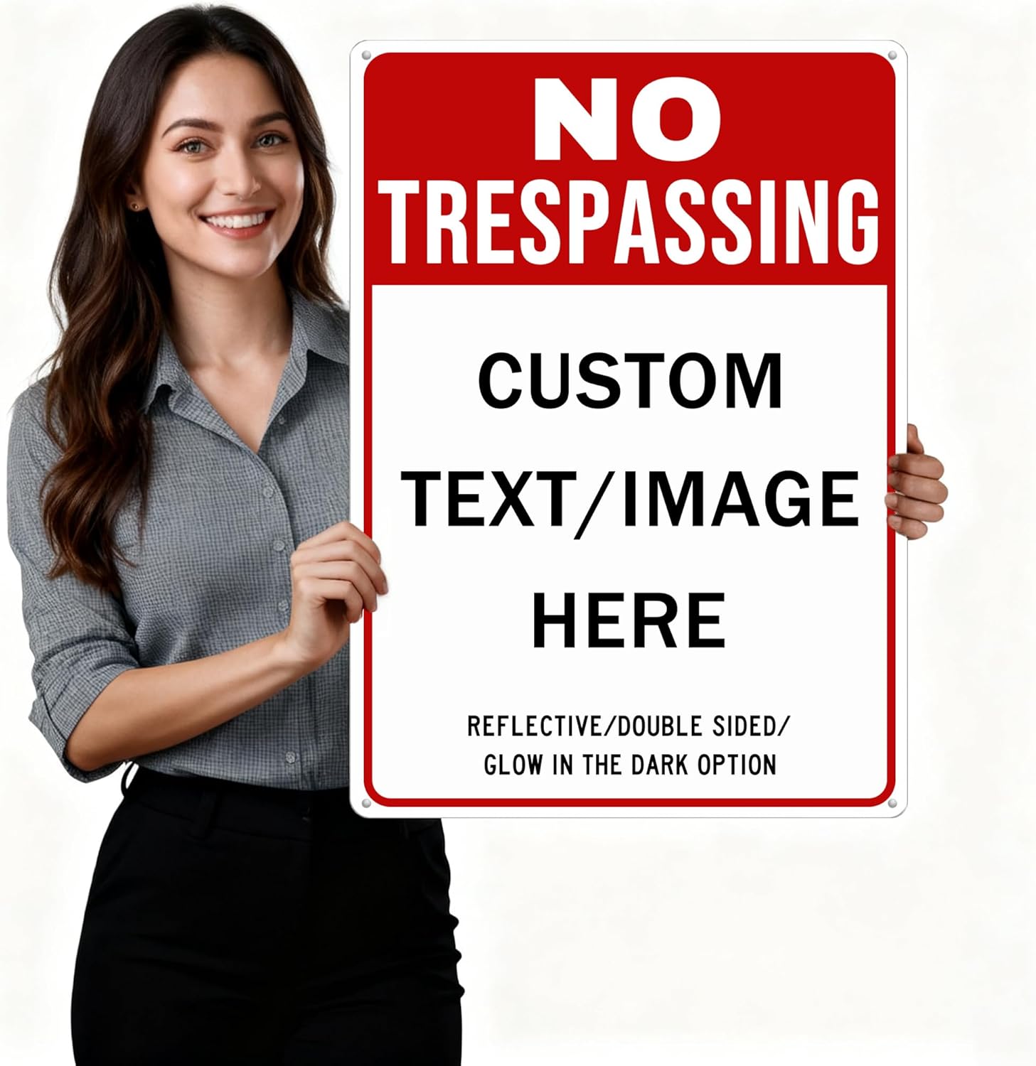 Custom No Trespassing Sign, Glow in the Dark/Reflective Option, 24''x18'' Personalized Large Aluminum Warning Signs, Customize for Business, Yard, Garden, School, Driveway, Outdoor