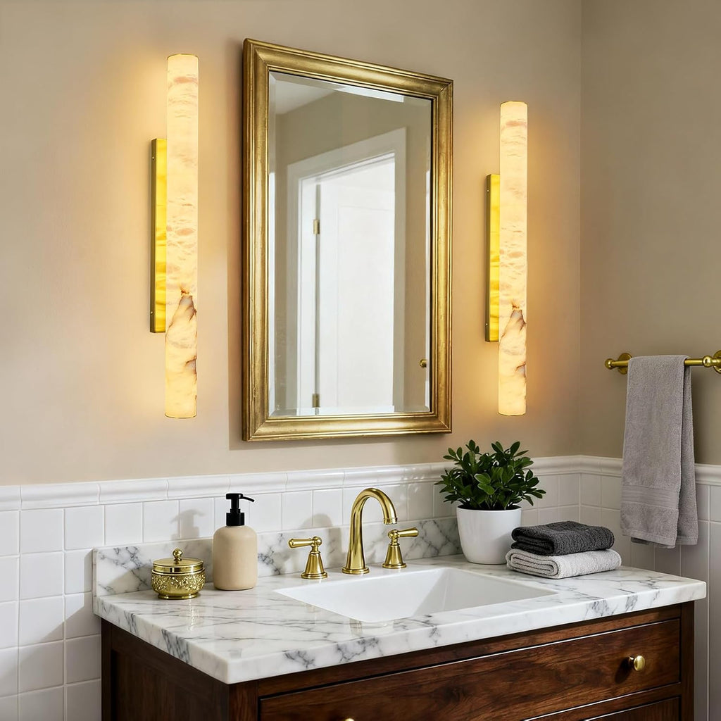 LMQNINE Natural Alabaster Wall Sconces Spanish Marble Wall Light Cylinder Modern Gold LED Sconce for Living Room Bedroom Bathroom Stairs（L-1Pack）