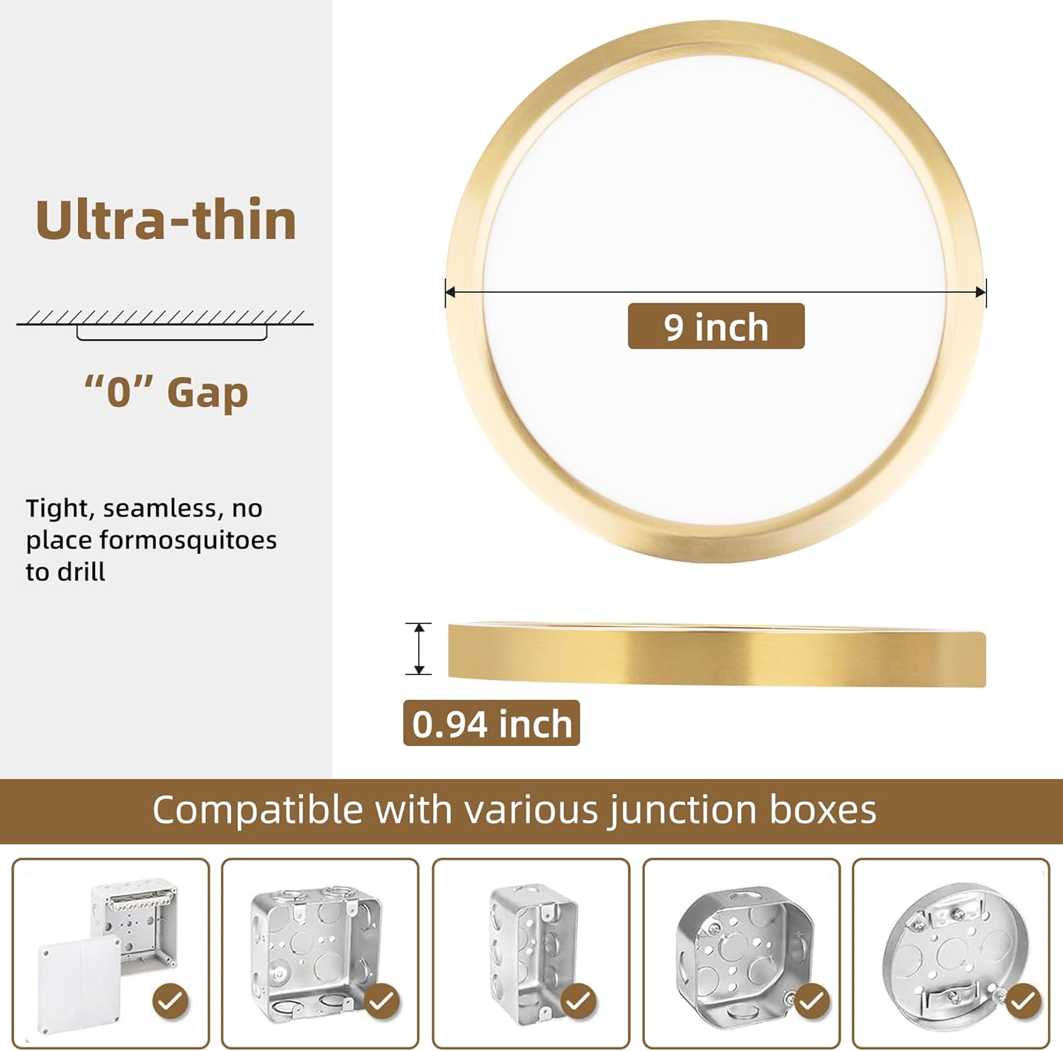 Hlite 6pack 9 Inch Flush Mount LED Ceiling Light Fixture,18W 1800LM Super Slim Light Fixtures Ceiling Mount 3000K/4000K/5000K 3CCT Selectable,Light Fixtures for Kitchen,Bedroom (Gold)