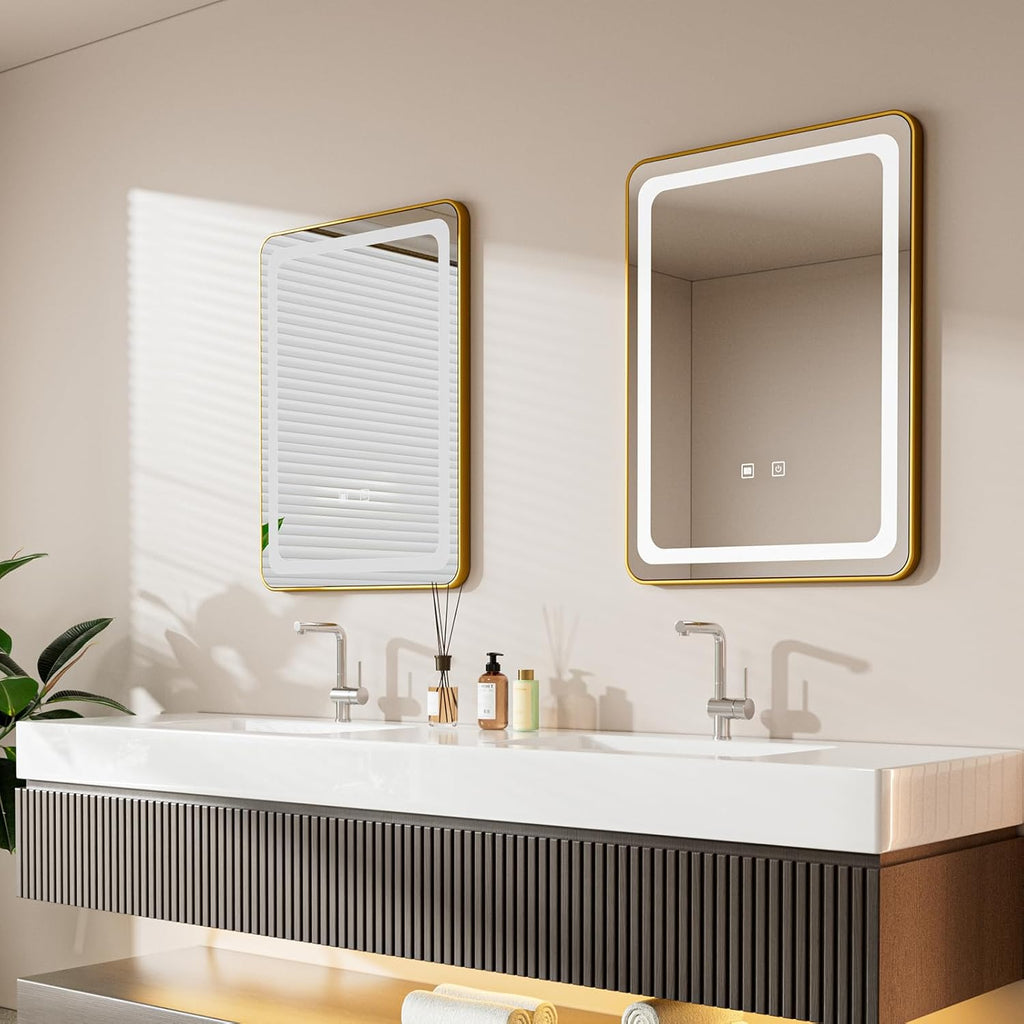 LED Bathroom Mirrors with Lights,24" x 36" Gold Square LED Mirror for Bathroom,Fogless,3 Colors Dimmable, Touch Sensor