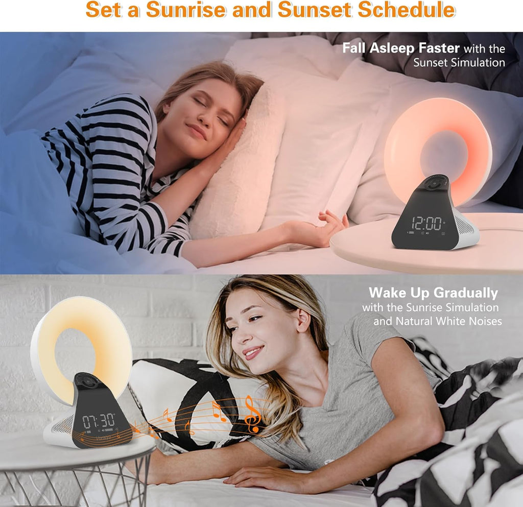 Voraiya Light Therapy Lamp 10000 Lux with Bluetooth, 8 White Noises, Dimmable Wake Up Light Sunrise Alarm Clock, 4 Timer Settings, Memory Function for Sensitive Sleepers and Home Office