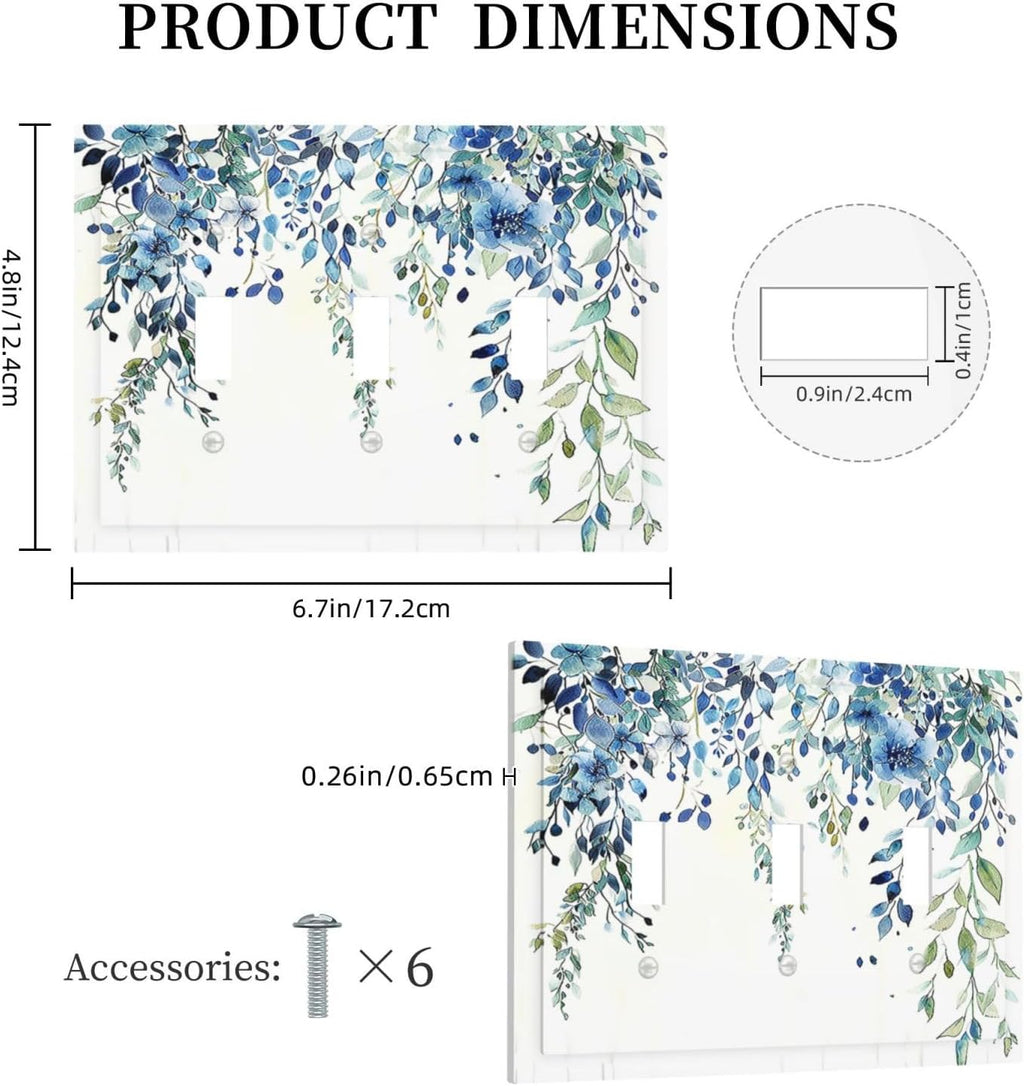 Decorative Switch Plates Boho Vintage Flowers Blue Green Sage 3 Gang Wall Plate Triple Toggle Light Switch Cover Faceplate Electrical Wall Panels for Bedroom Farmhouse Decor