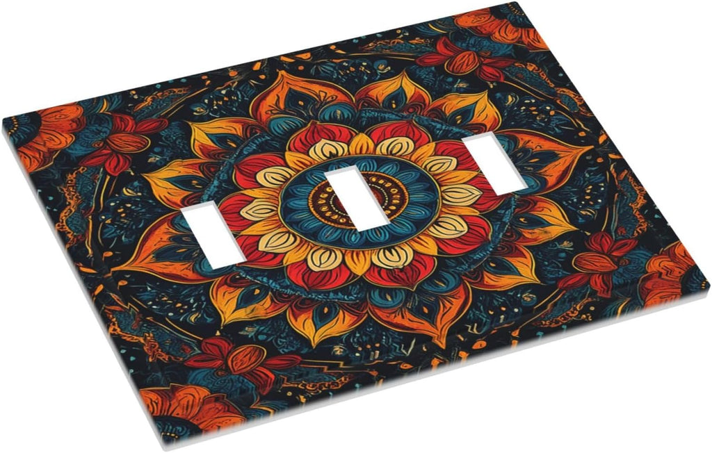 Light Switch Covers Boho Colorful Mandala 3 Gang Wall Plates Triple Toggle Outlet Cover Decorative Switchplates Electrical Panel Cover for Kitchen Living Room 4.8 X 6.7 IN