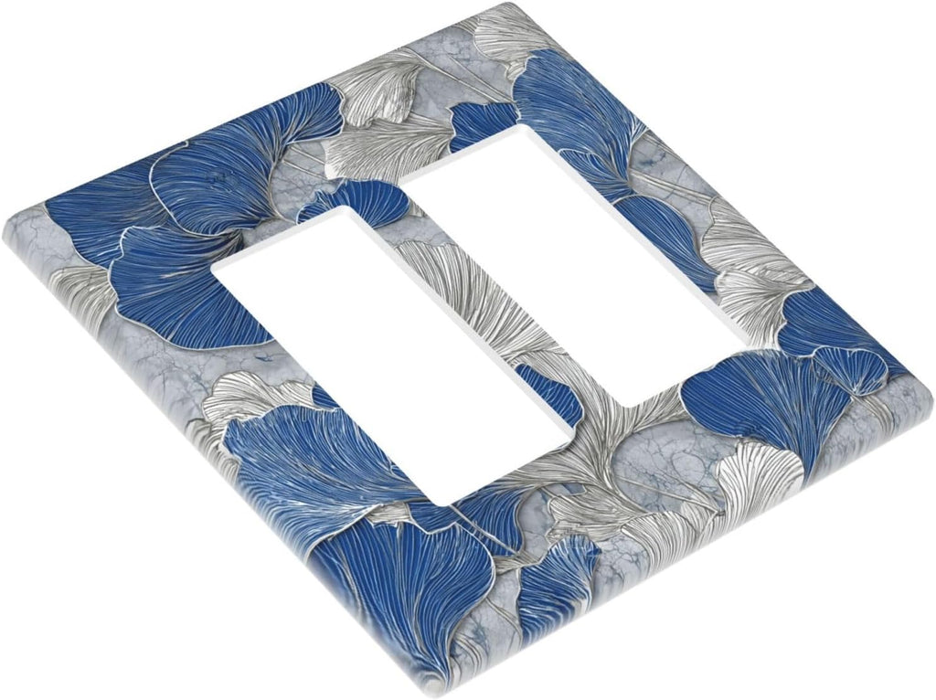 Abstract Blue Marble Plant Leaves 2 Gang Double Rocker Decorative Light Switch Covers Electrical Faceplate Switch Plates for Bathroom Kitchen Home
