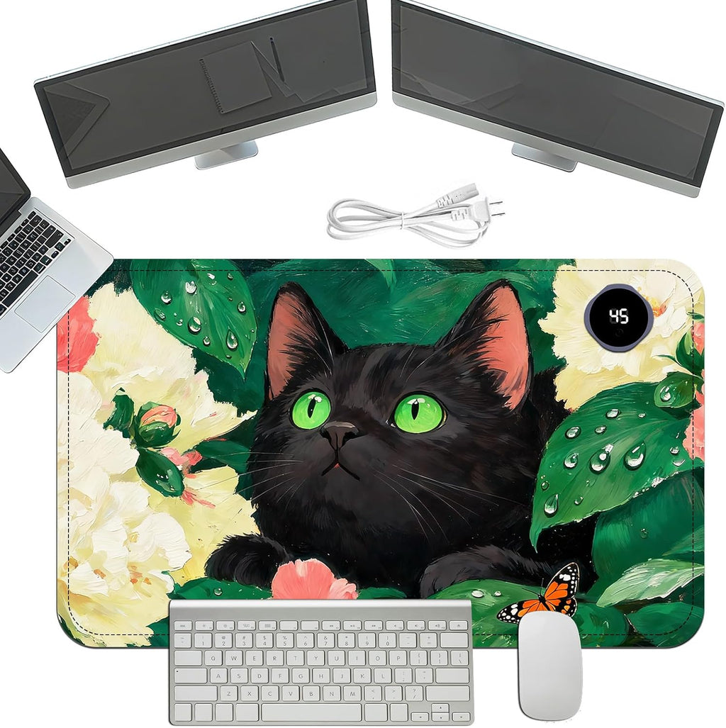 Heated Mouse Pad with 3 Temperature Settings(104°F–122°F),Large 24x14.2 Inch PU Leather Heated Desk Mat,Waterproof Warming Pad for Office,Gaming & Cold Hands Relief,Flower Black Cat Art