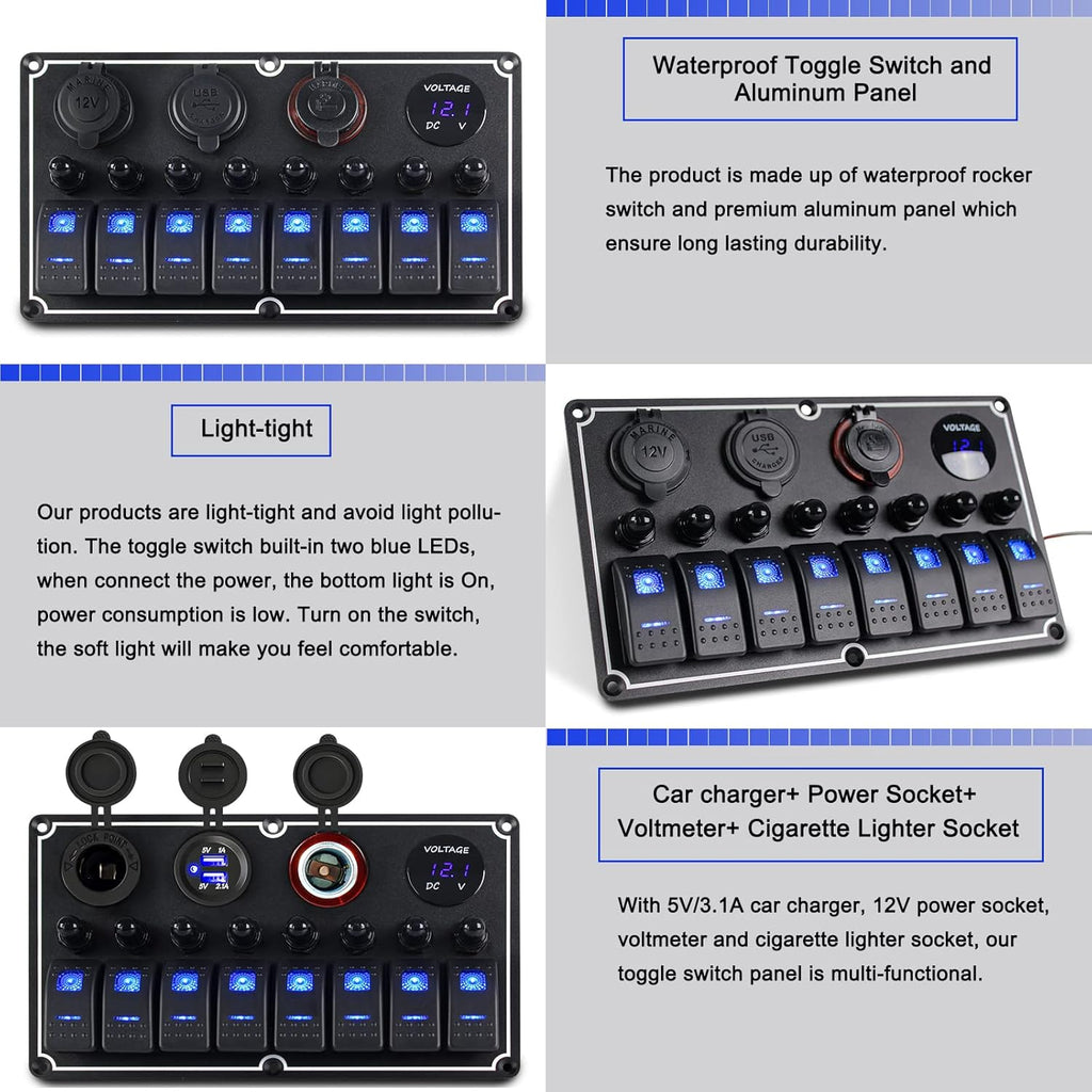 Marine Switch Panel Waterproof,8 Gang Boat Rocker Switch Panel,Multi-Function Toggle Light Switch Panel with Dual USB and Voltmeter Panel for RVs, Cars, Boats, Trucks,Trailers - 12-24V