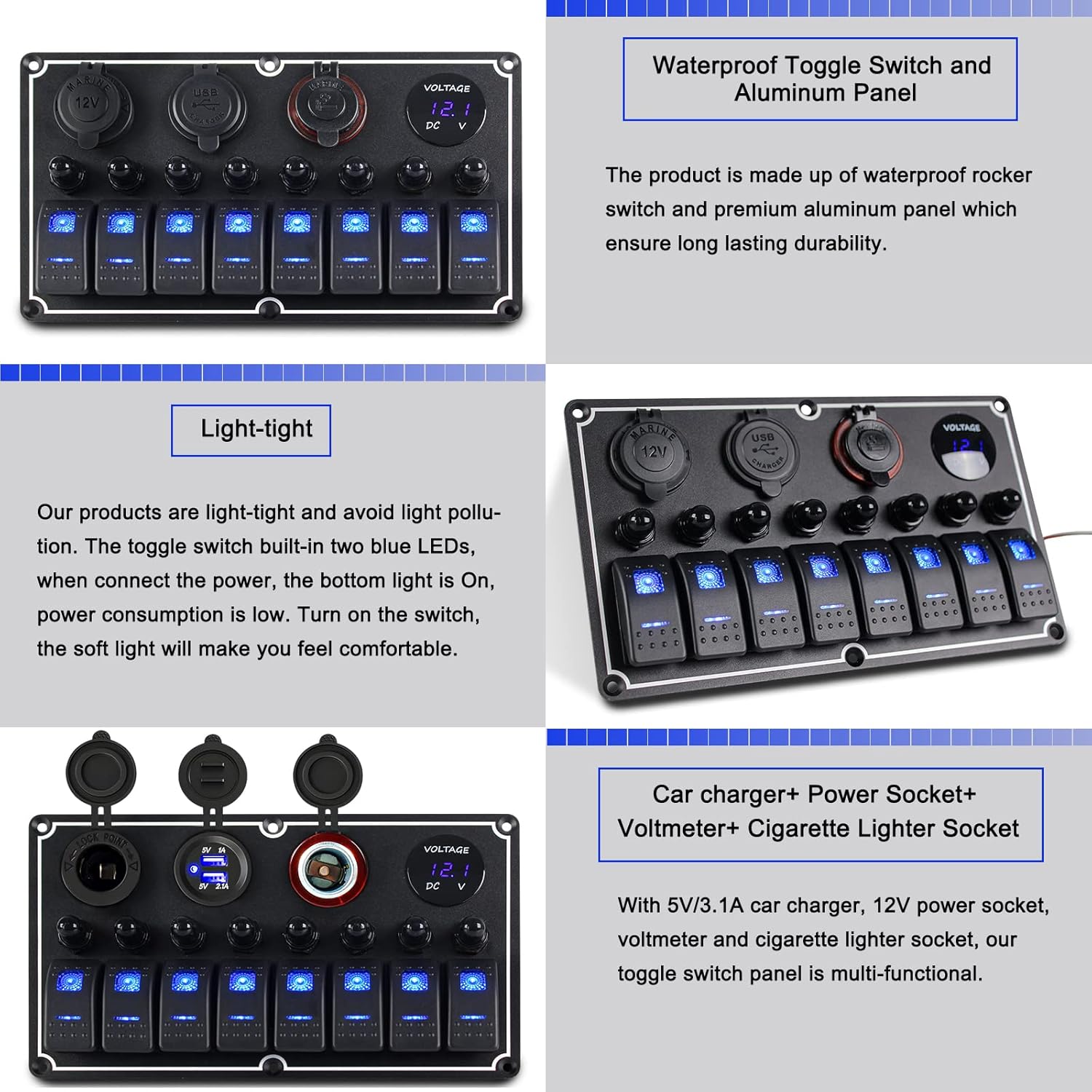Marine Switch Panel Waterproof,8 Gang Boat Rocker Switch Panel,Multi-Function Toggle Light Switch Panel with Dual USB and Voltmeter Panel for RVs, Cars, Boats, Trucks,Trailers - 12-24V