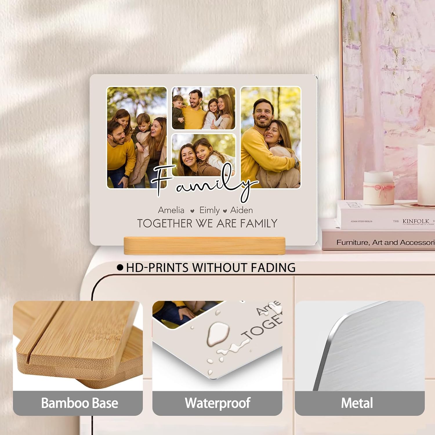 Custom Photo Prints - Metal Desktop Picture Frame with Photos & Name & Wooden Base Personalized Gifts for Family Friends and Lovers, Optional Multiple Sizes