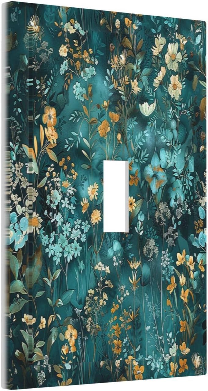 Decorative Light Switch Cover Green Leaf Floral Boho Golden Flower Plant 1 Gang Single Toggle Device Electrical Faceplate Switchplates Decorator Outlet Wall Plate For Bed Room Cabin