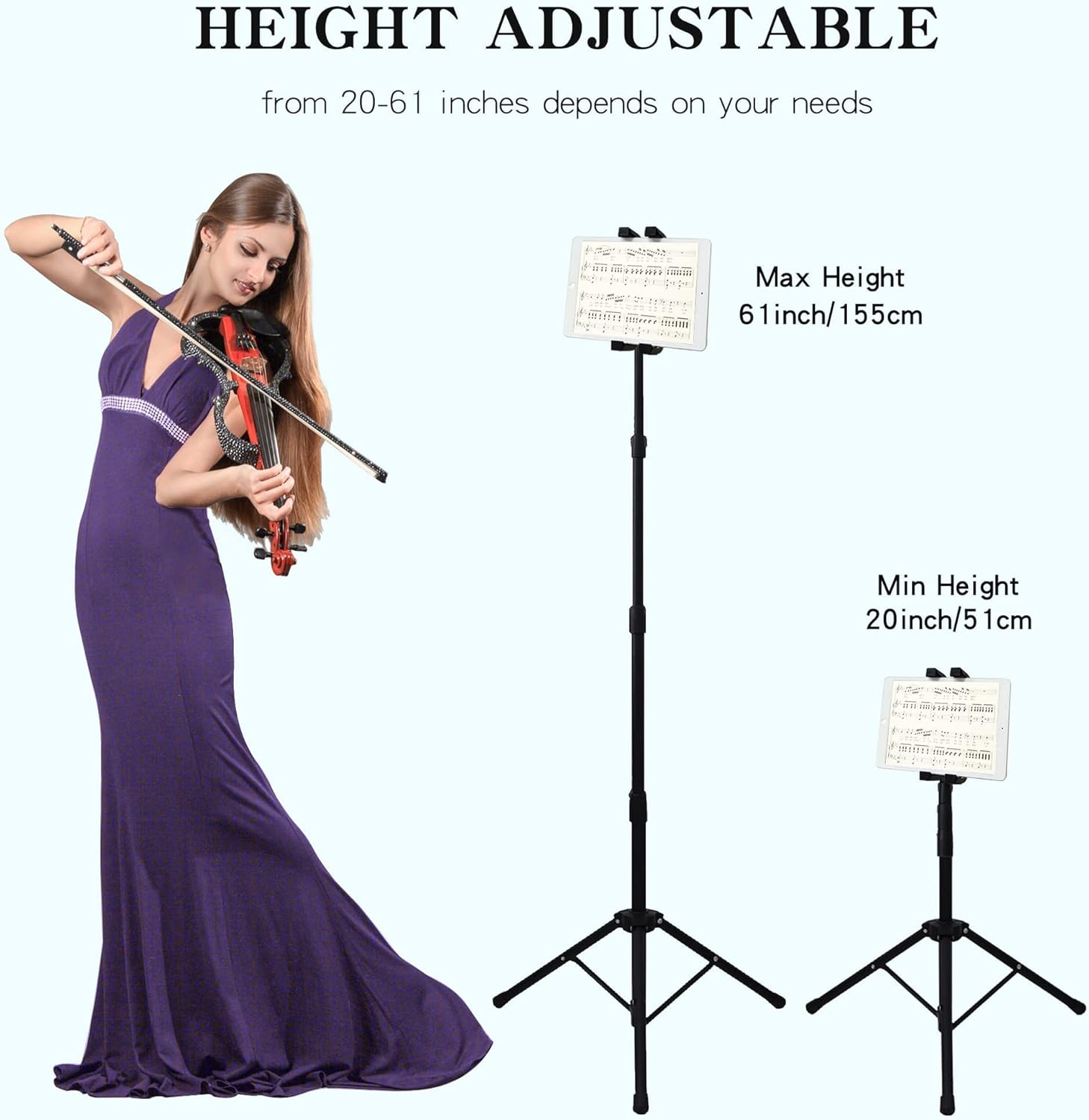 Raking Tablet Floor Stand, Height Adjustable Cellphone Floor Stand with 360°Rotating Tripod Mount, Compatible with iPhone iPad mini/Air/Pro and All 5.5-12.9 Inch Devices
