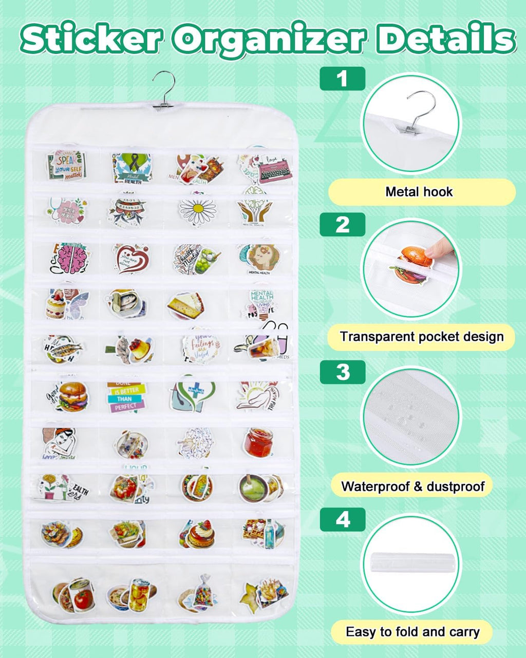 UCEC 2Pack Hanging Sticker Display Stand Double-Sided 80 Pocket Hanging Sticker Holder Organizer with Transparent Pockets, Portable Sticker Store for Classroom, Vendors, and Jewelry Organizer (White)