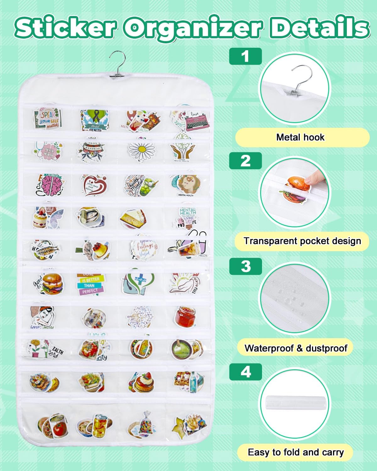 UCEC 2Pack Hanging Sticker Display Stand Double-Sided 80 Pocket Hanging Sticker Holder Organizer with Transparent Pockets, Portable Sticker Store for Classroom, Vendors, and Jewelry Organizer (White)