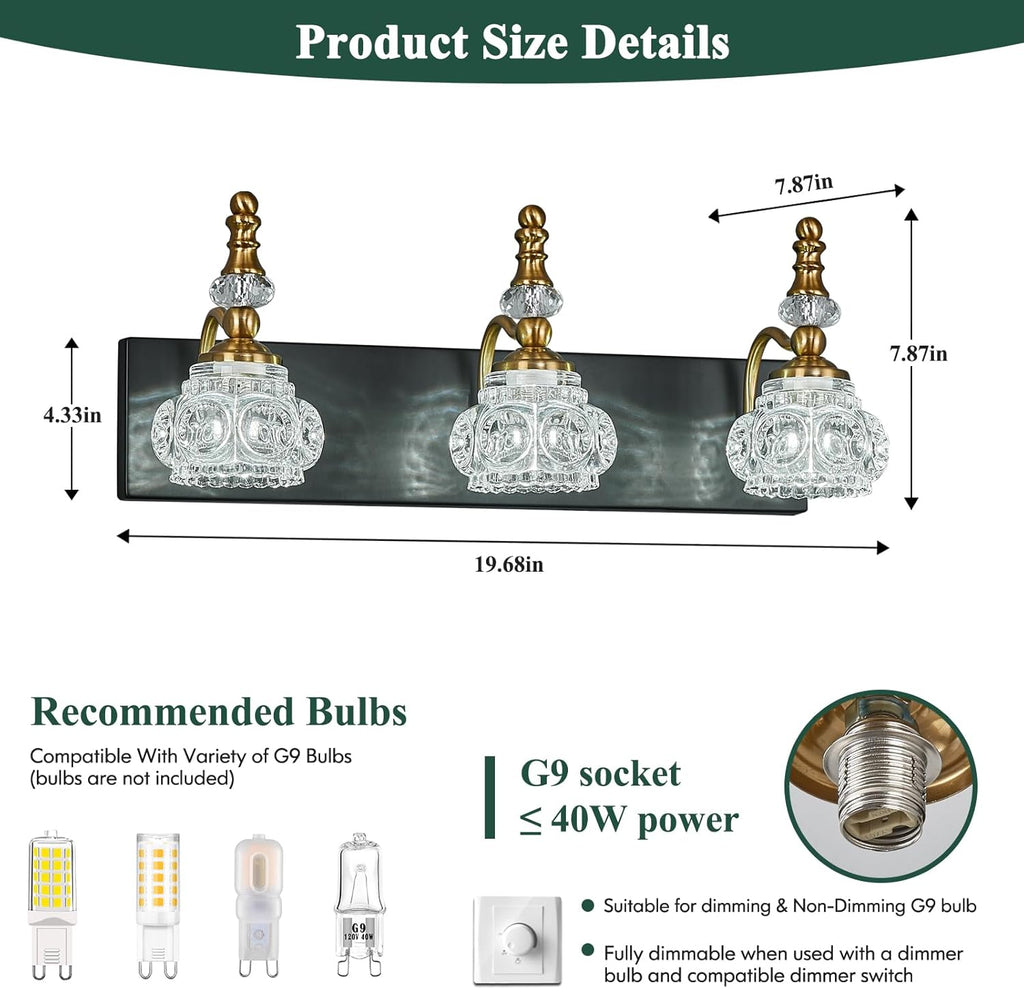 Bathroom Light Fixtures, Modern Glass Crystal Vanity Light Vintage Bathroom Lighting Fixtures Over Mirror 3 Light Vanity Lights G9 Bulb (19.68 Inch, Black Gold)