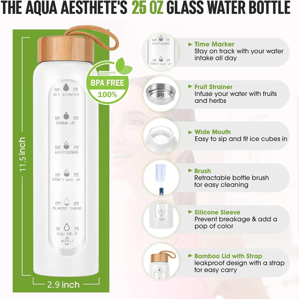 Aqulea Glass Water Bottles 25 Oz with Silicone Sleeve - BPA Free Reusable Wide Mouth Glass Motivational Water Bottles with Fruit Infuser – Leak Proof Borosilicate Water Bottle with Time Marker (White)