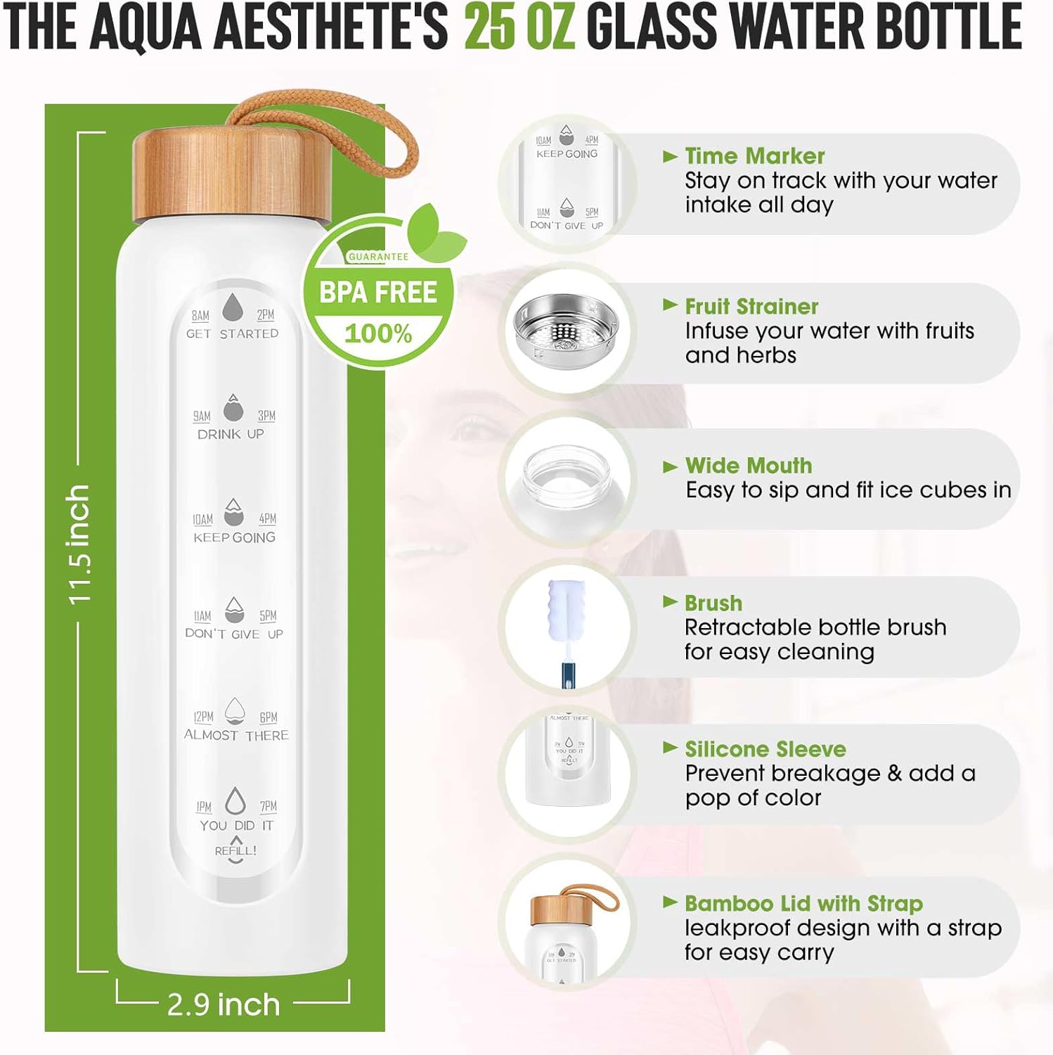 Aqulea Glass Water Bottles 25 Oz with Silicone Sleeve - BPA Free Reusable Wide Mouth Glass Motivational Water Bottles with Fruit Infuser – Leak Proof Borosilicate Water Bottle with Time Marker (White)