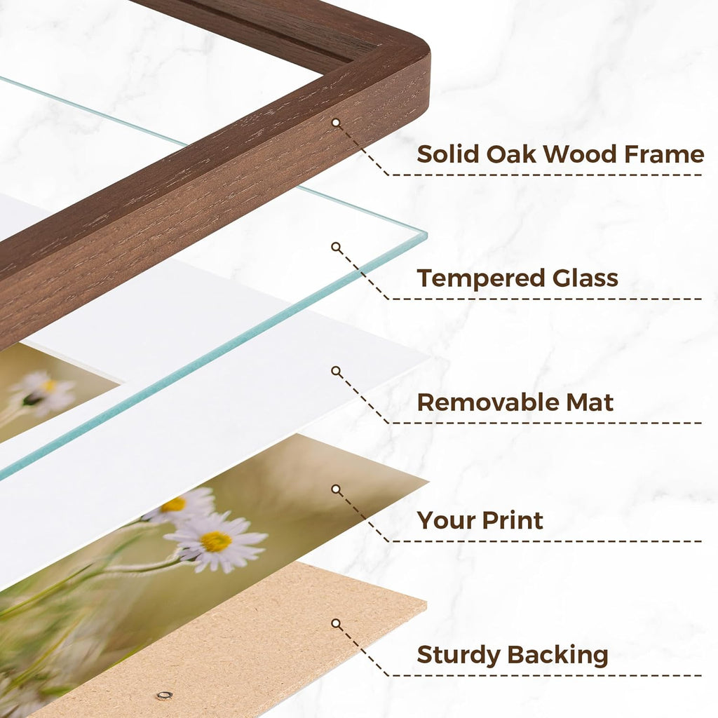 Solid Oak Wood 12x16 Picture Frame, Farmhouse 12 x 16 Wooden Frames, 12x16 Frame Matted to 8.5x11, Tempered Real Glass, 12"x16" Frames Minimalist Art Frame for Home Deocr, Walnut Color, 1 Pack