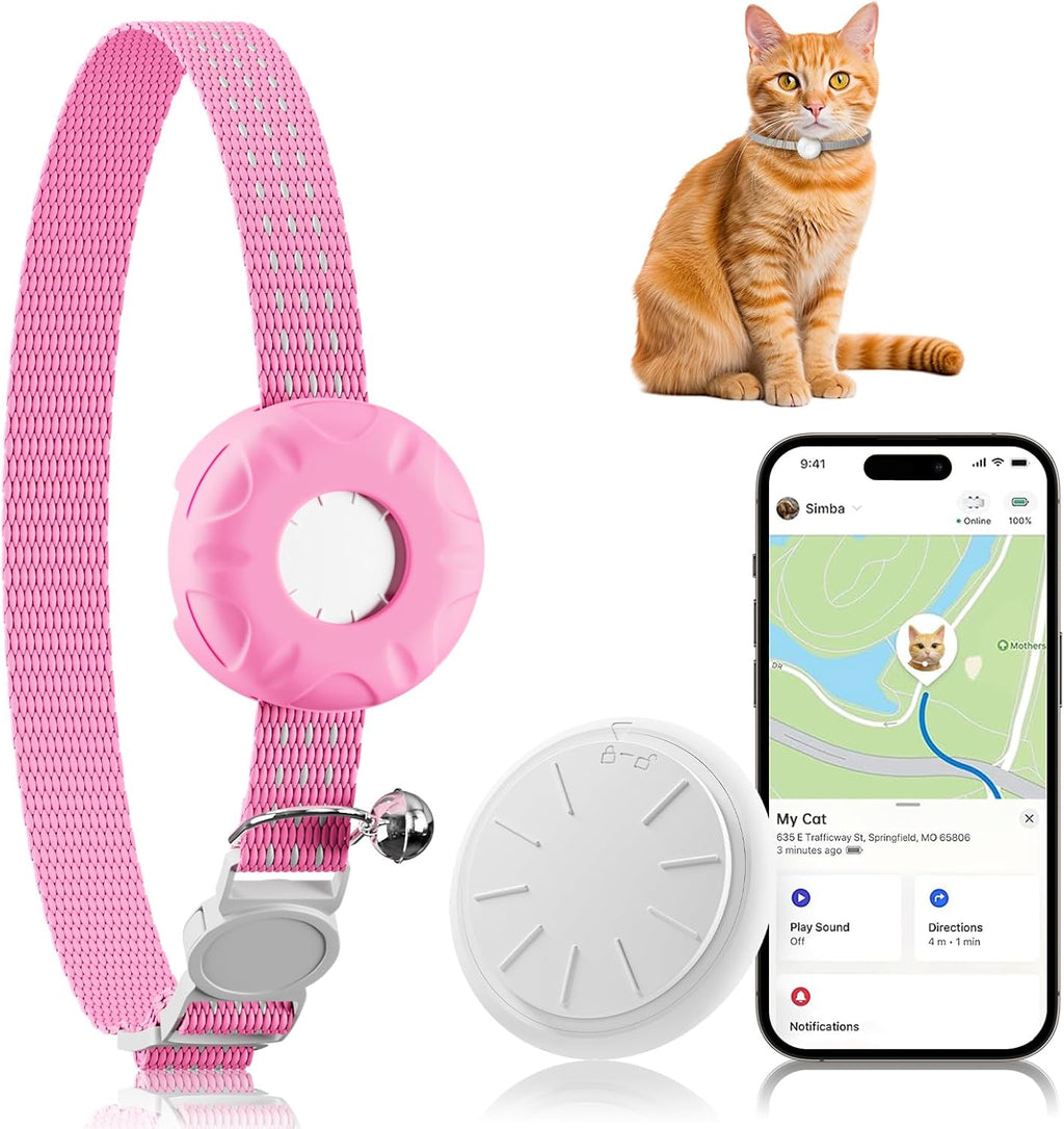 Cat Tracker, Pet Tracker for Cats, Cat GPS Tracker Collar with Safety Elastic Buckle, GPS Tracker Compatible with Apple Find My App (Only iOS), No Monthly Fee, Waterproof, Pink