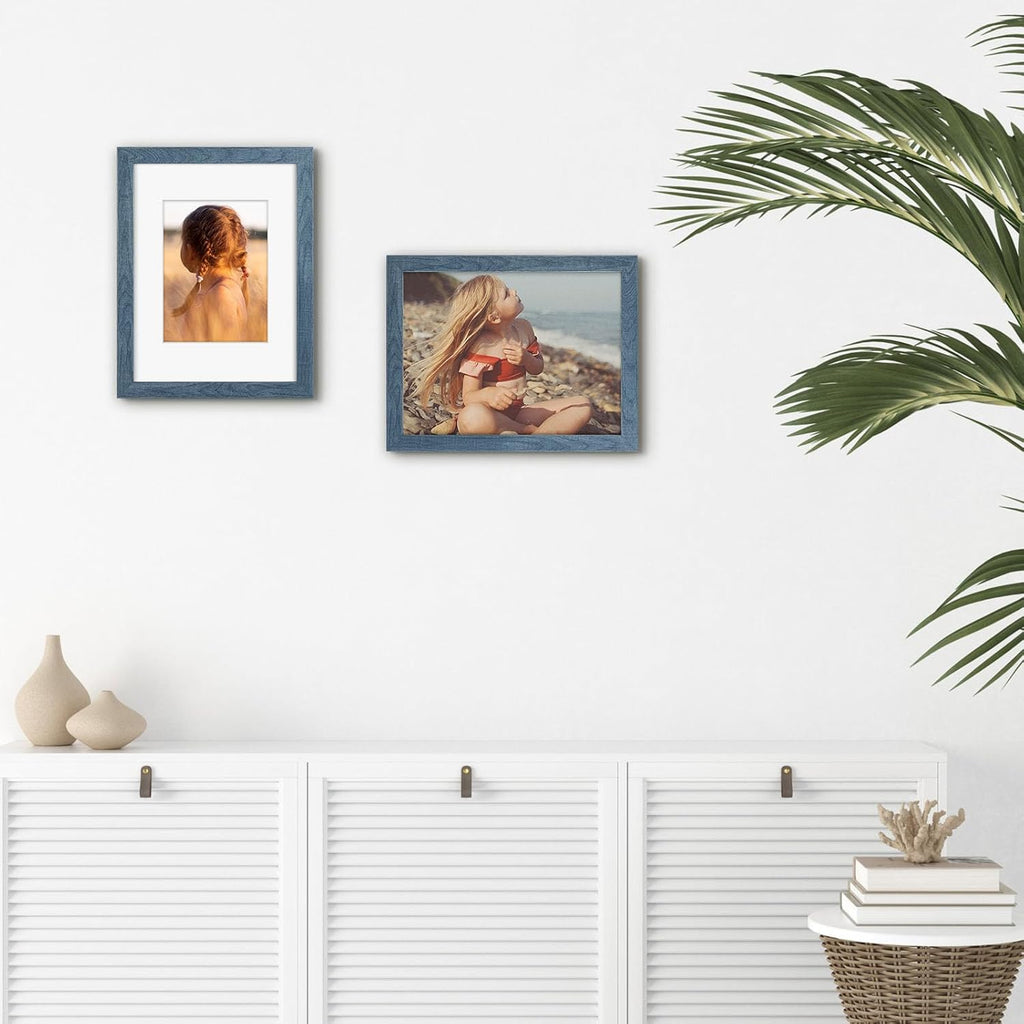 Golden State Art, 9x12 Picture Frame with Mat for 6x8 - High Definition Glass Wall Mounting Horizontal Vertical Display (Blue, 2 Pack)