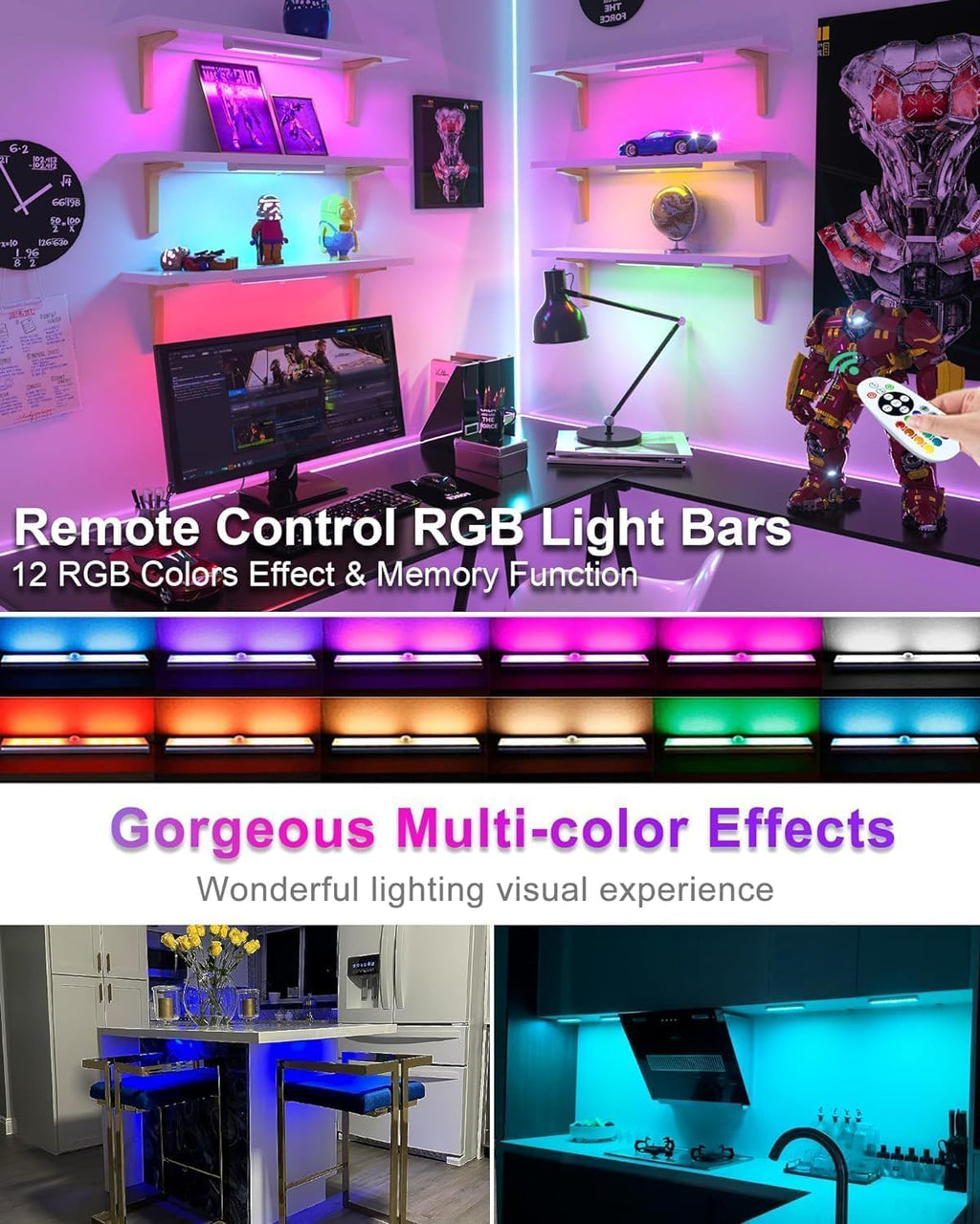 Diomart Under Cabinet Lighting Wireless, RGB Rechargeable Motion Sensor Light Indoor Night Lights, 58 -LED Remote Control Under Counter Lightis for Kitchen, Wardrobe, Hallway, Stairs, Desk(4 Pack)